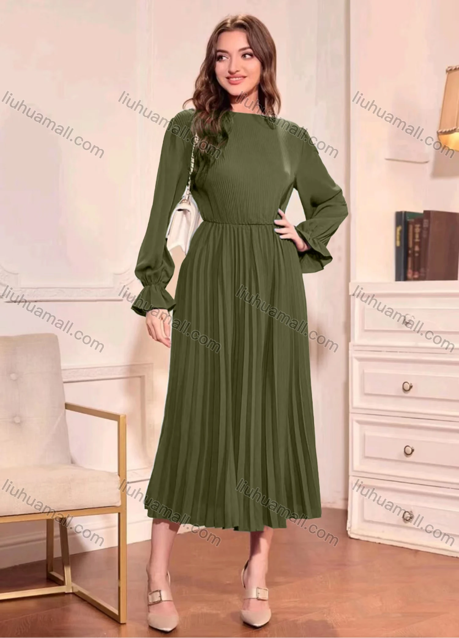 Wholesale Women's Casual Plain Long Sleeve High Waist Pleated Midi Dress - Liuhuamall