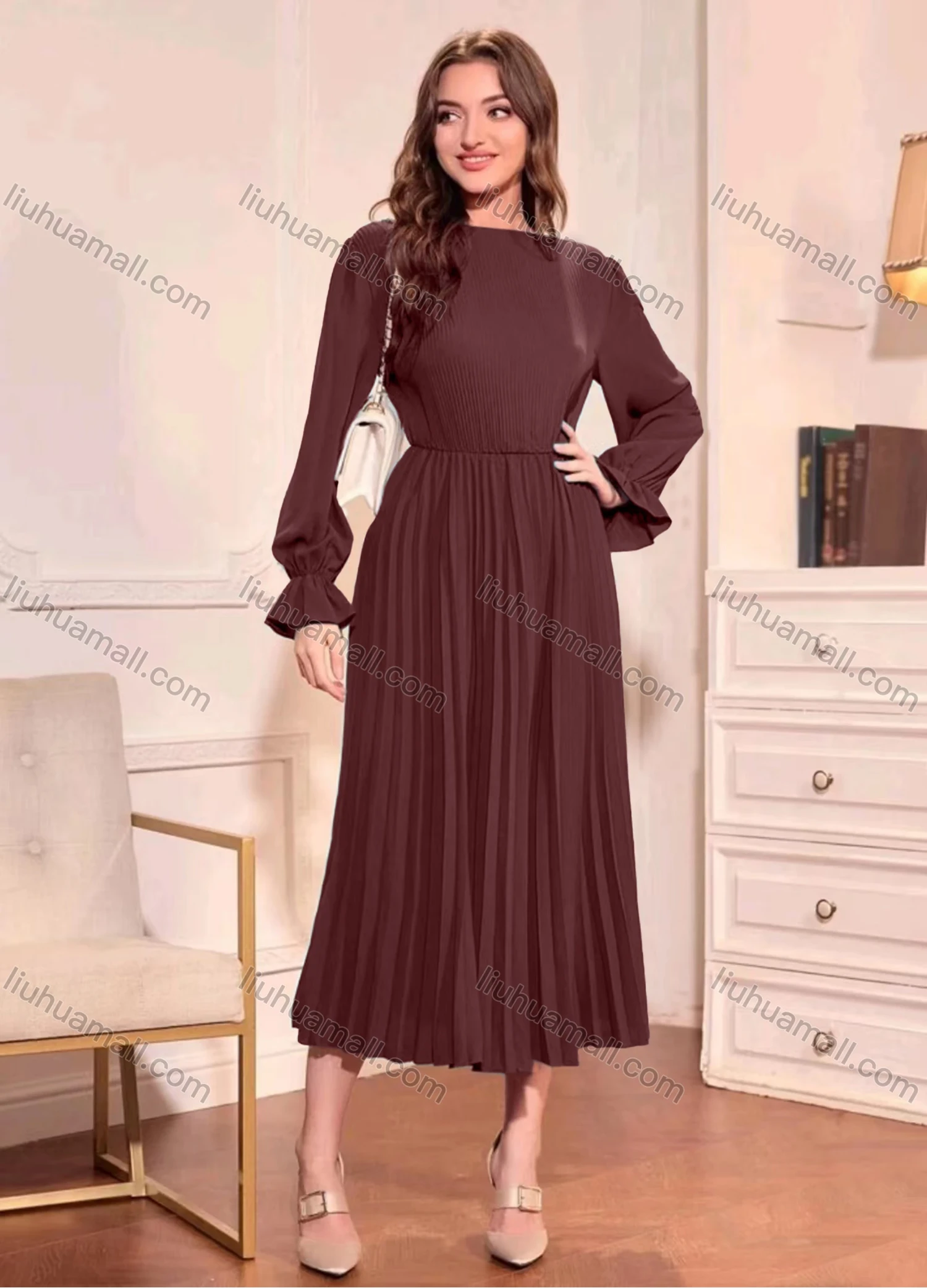 Wholesale Women's Casual Plain Long Sleeve High Waist Pleated Midi Dress - Liuhuamall