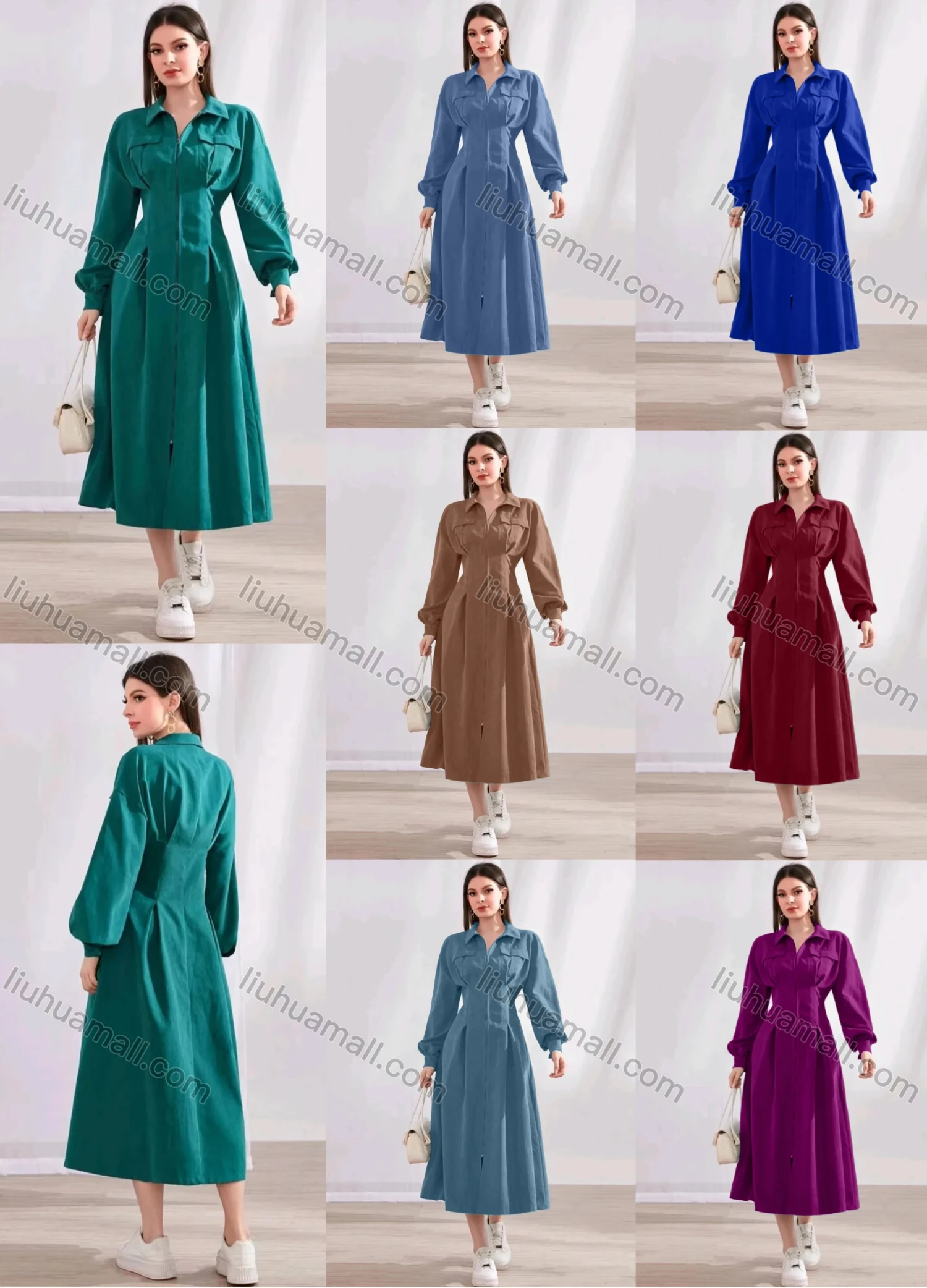 Wholesale Women's Casual Plain Collared Zip Long Sleeve Midi Dress - Liuhuamall