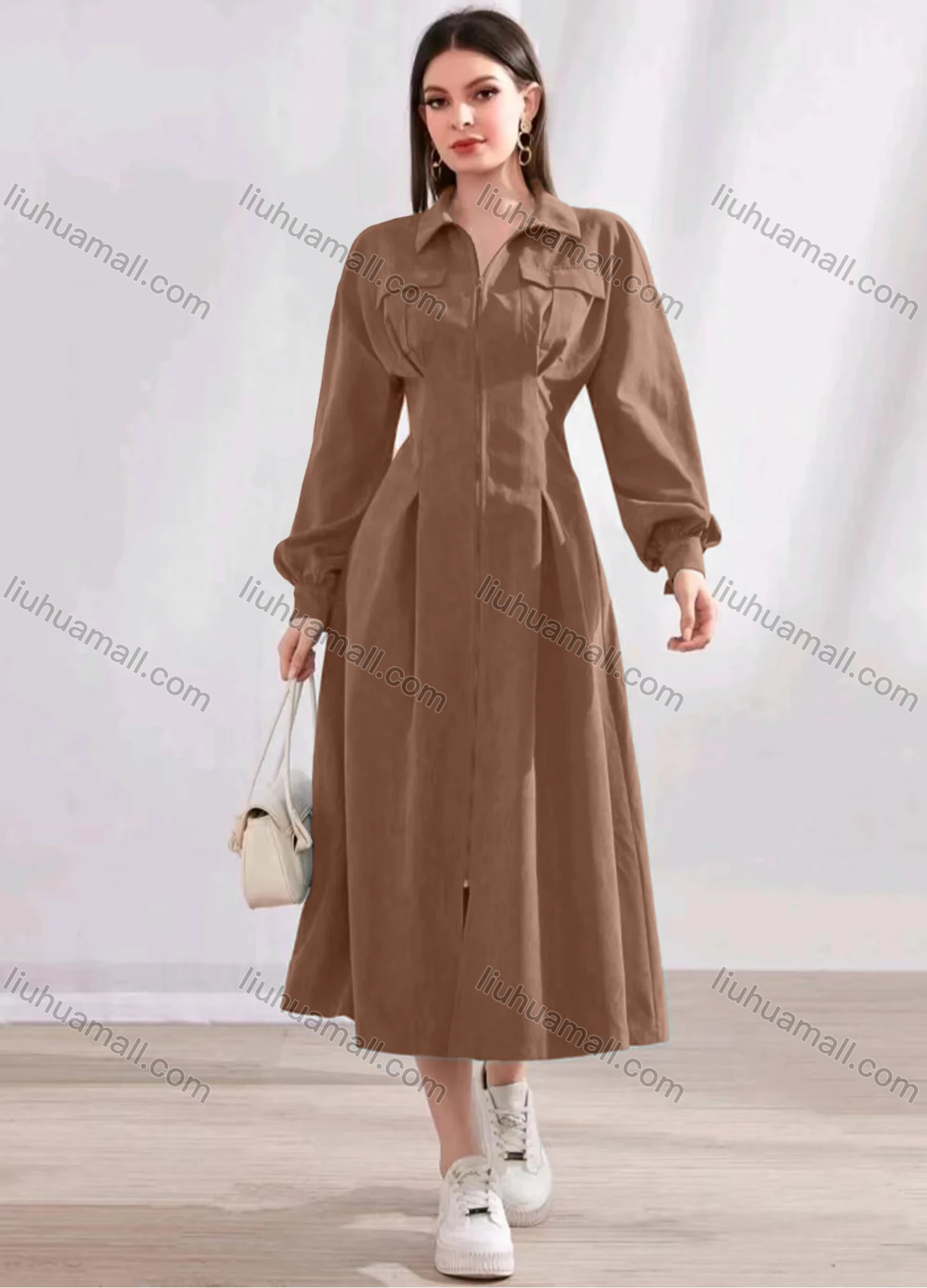 Wholesale Women's Casual Plain Collared Zip Long Sleeve Midi Dress - Liuhuamall