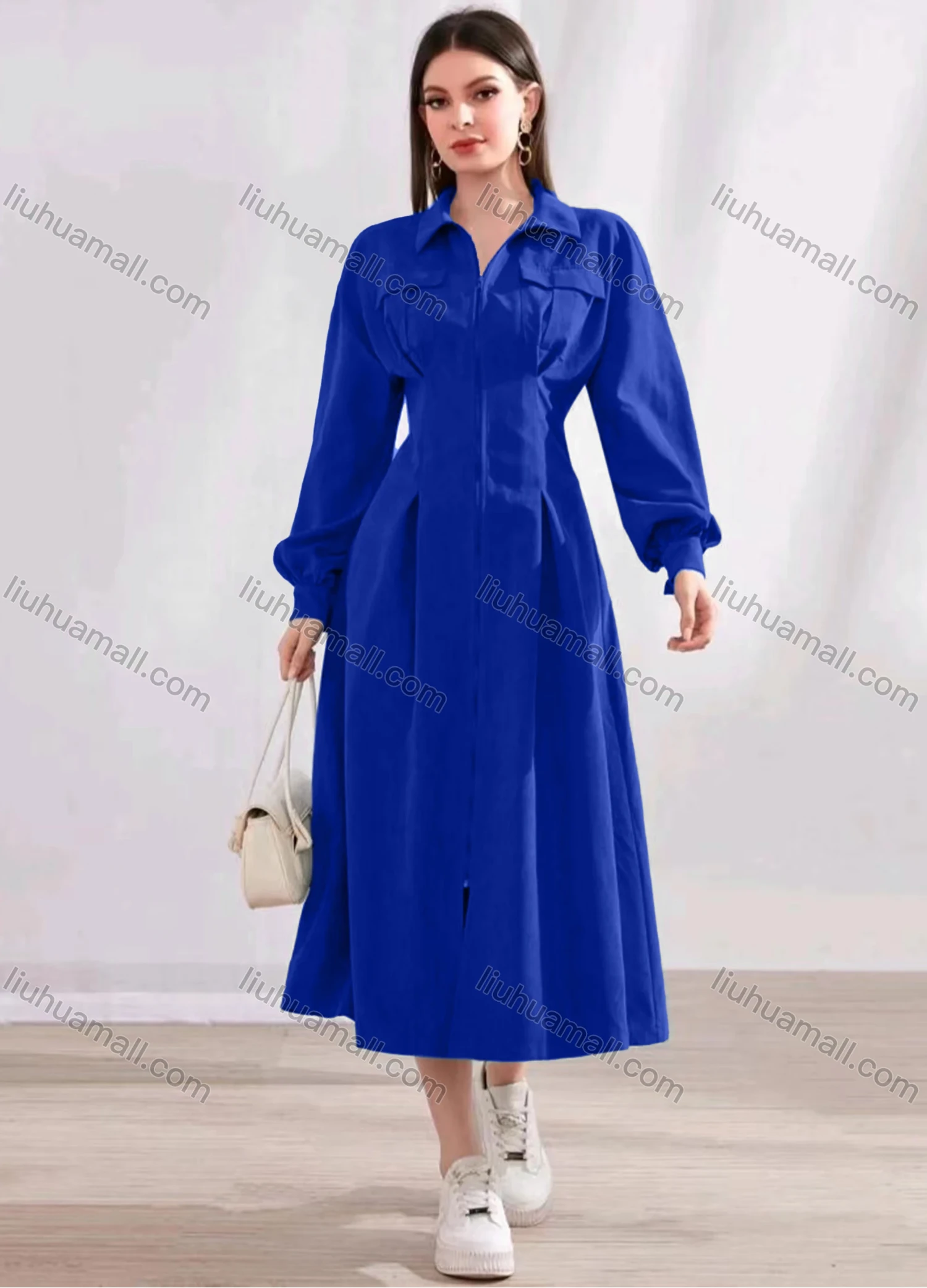 Wholesale Women's Casual Plain Collared Zip Long Sleeve Midi Dress - Liuhuamall