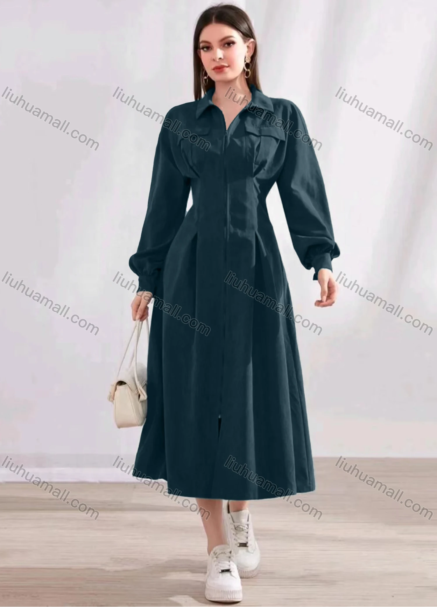 Wholesale Women's Casual Plain Collared Zip Long Sleeve Midi Dress - Liuhuamall