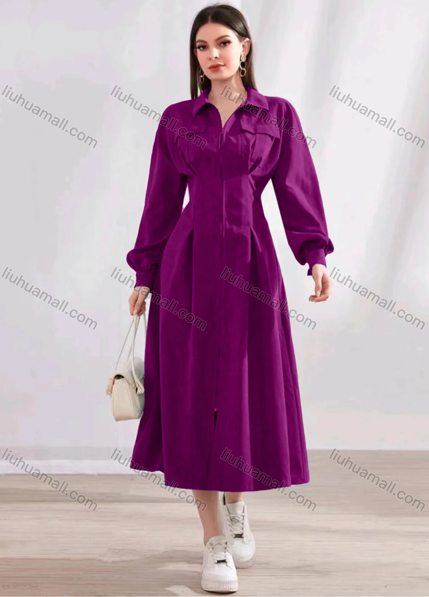 Wholesale Women's Casual Plain Collared Zip Long Sleeve Midi Dress - Liuhuamall