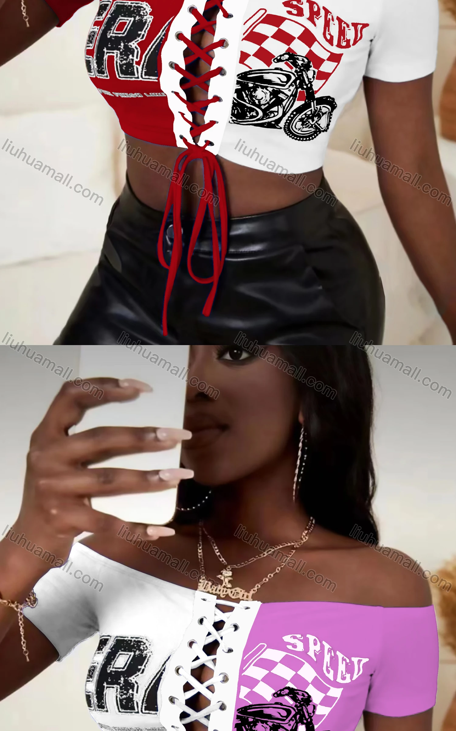 Wholesale Women's Sexy Off Shoulder Short Sleeve Criss Cross Drawstring Crop Top - Liuhuamall