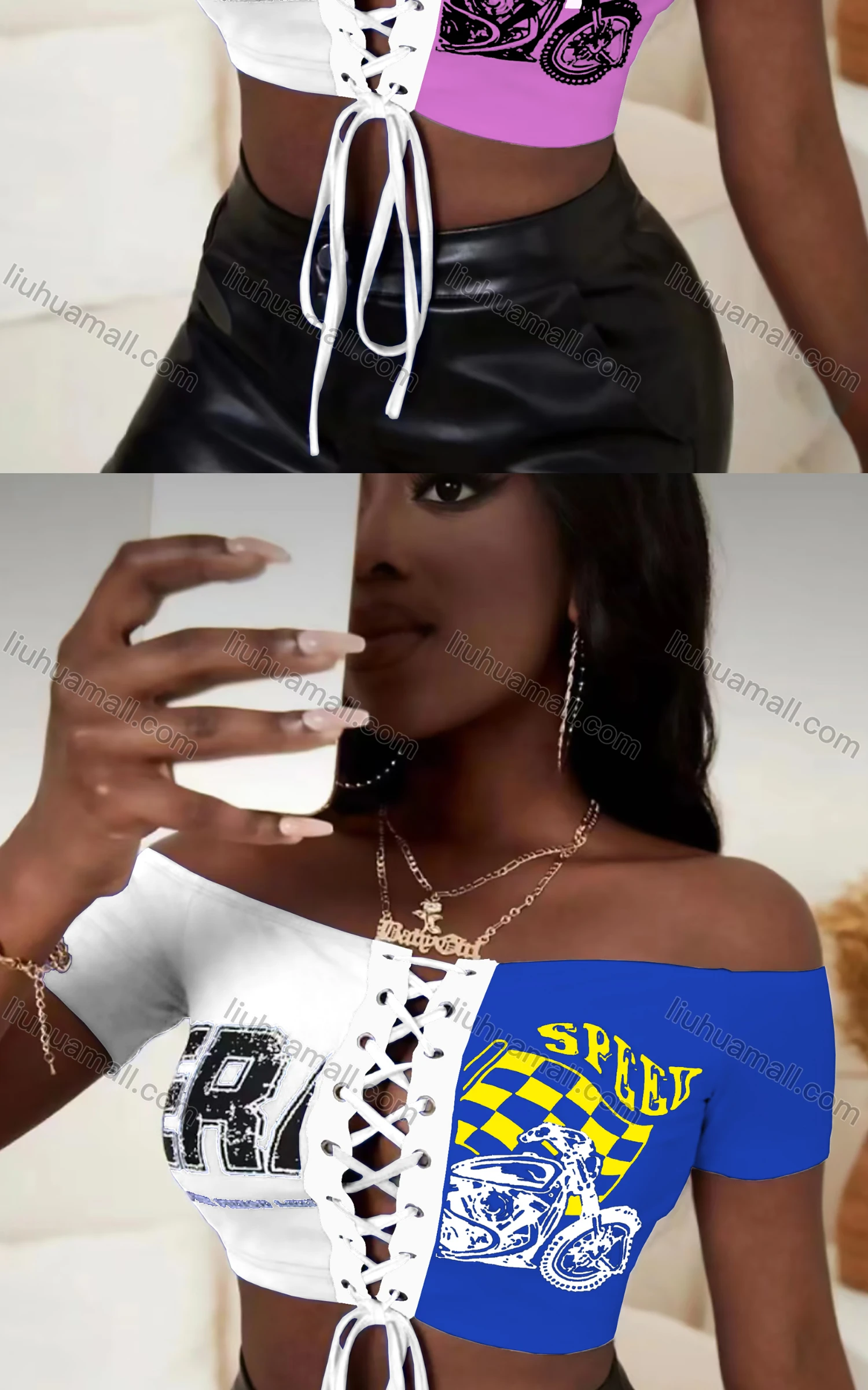 Wholesale Women's Sexy Off Shoulder Short Sleeve Criss Cross Drawstring Crop Top - Liuhuamall