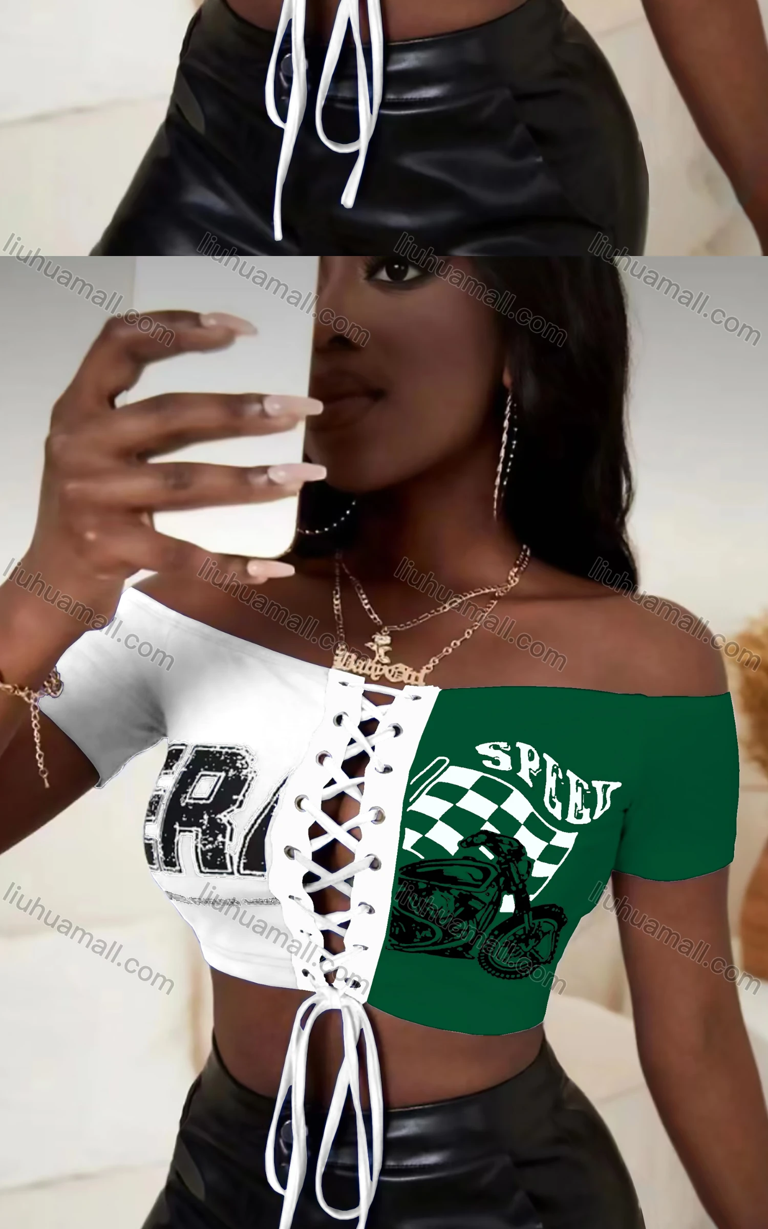 Wholesale Women's Sexy Off Shoulder Short Sleeve Criss Cross Drawstring Crop Top - Liuhuamall