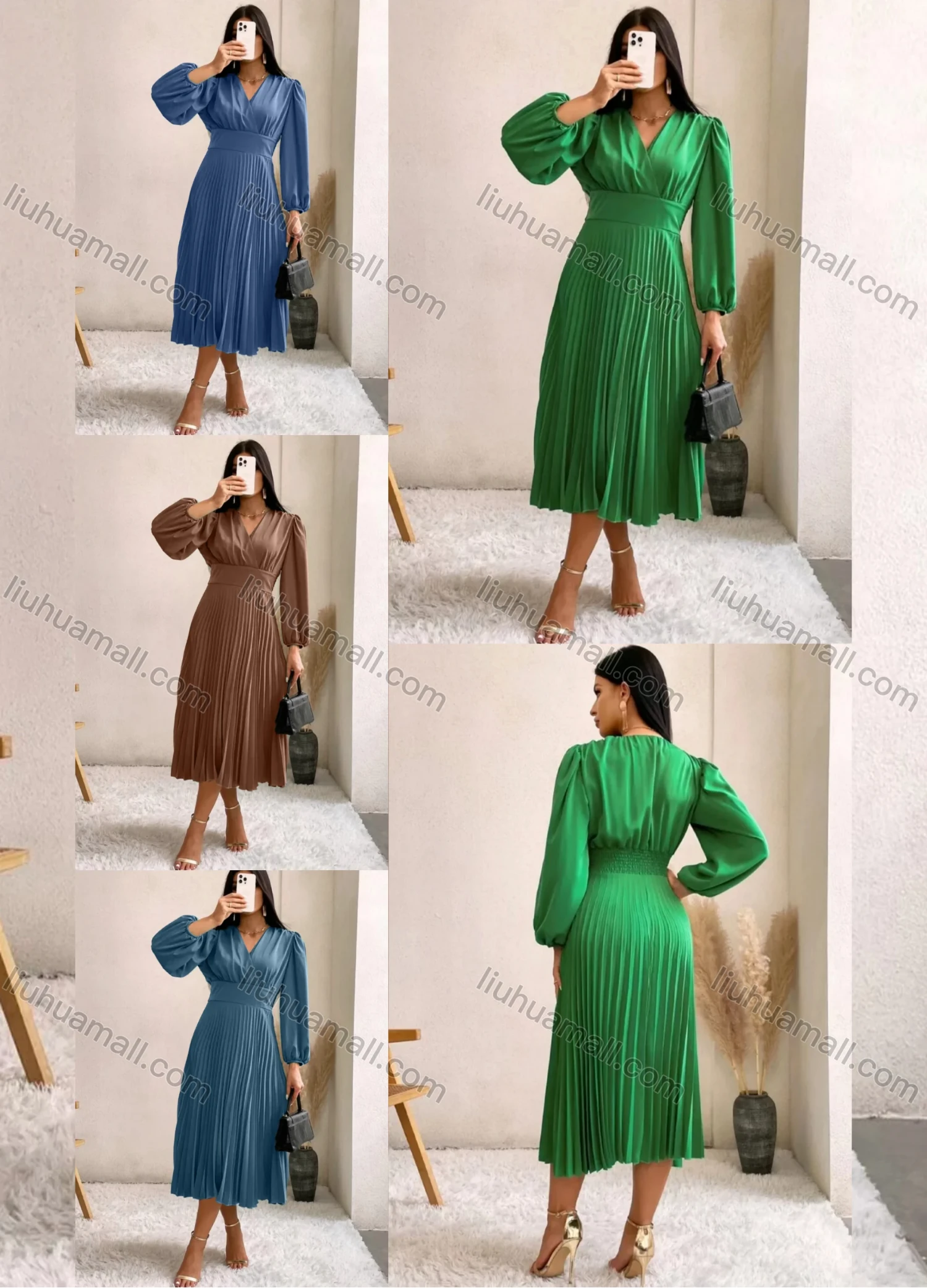 Wholesale Women's Casual Plain Wrap V Neck Puff Sleeve Pleated Midi Dress - Liuhuamall