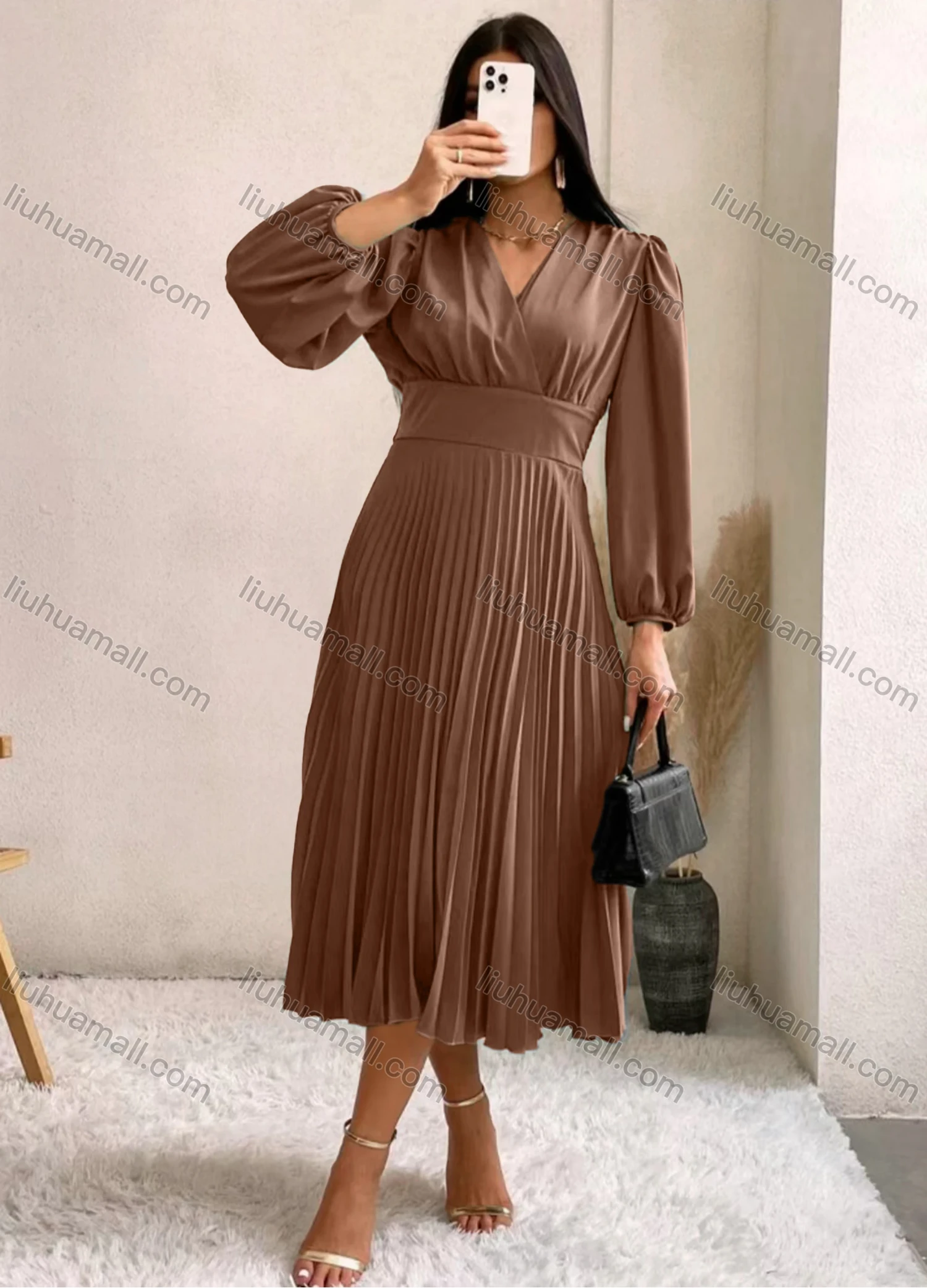 Wholesale Women's Casual Plain Wrap V Neck Puff Sleeve Pleated Midi Dress - Liuhuamall