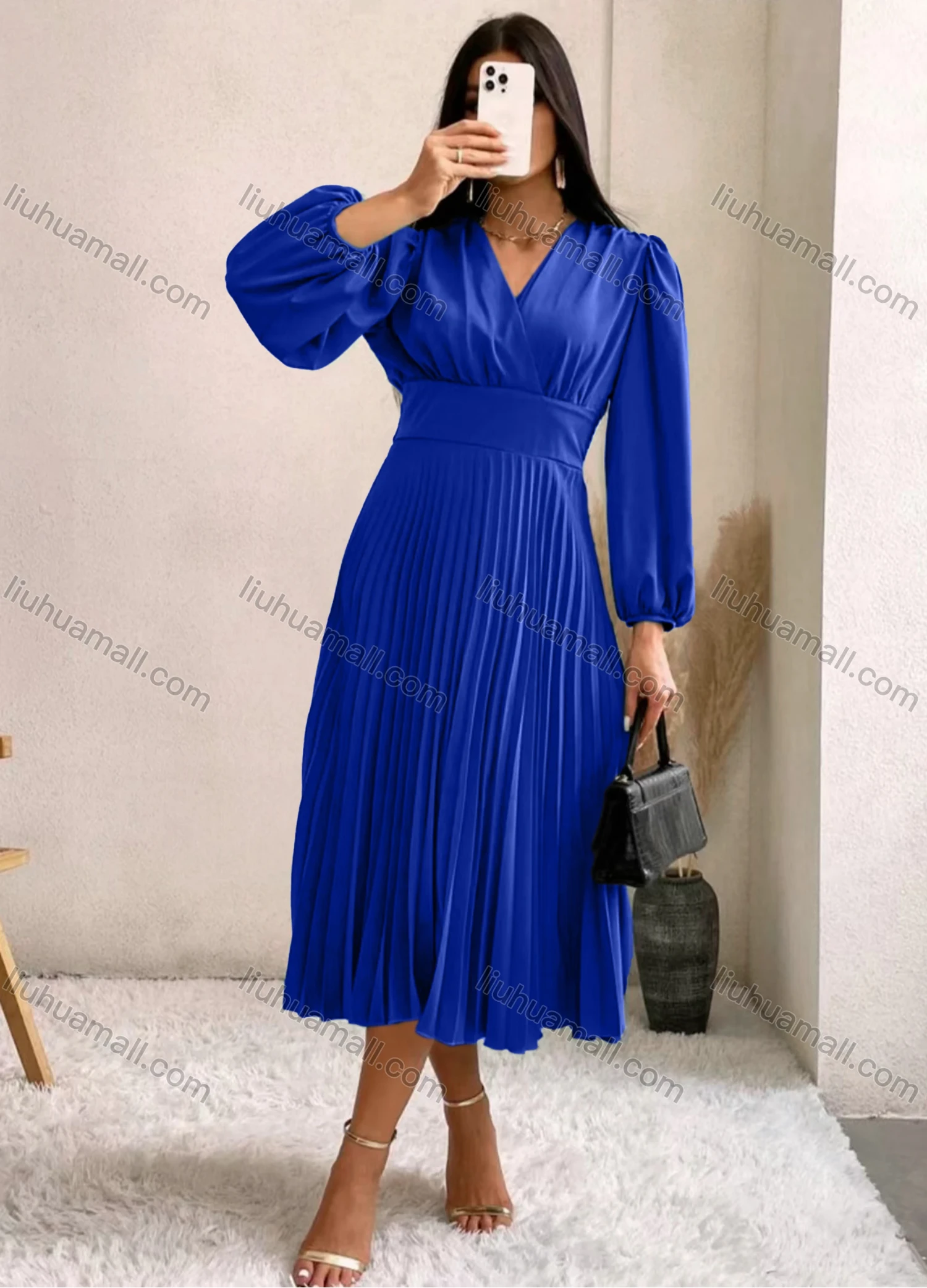 Wholesale Women's Casual Plain Wrap V Neck Puff Sleeve Pleated Midi Dress - Liuhuamall
