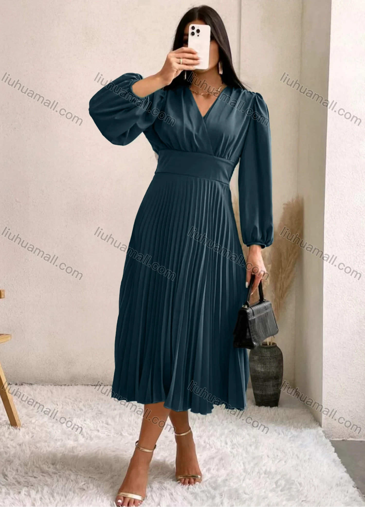 Wholesale Women's Casual Plain Wrap V Neck Puff Sleeve Pleated Midi Dress - Liuhuamall