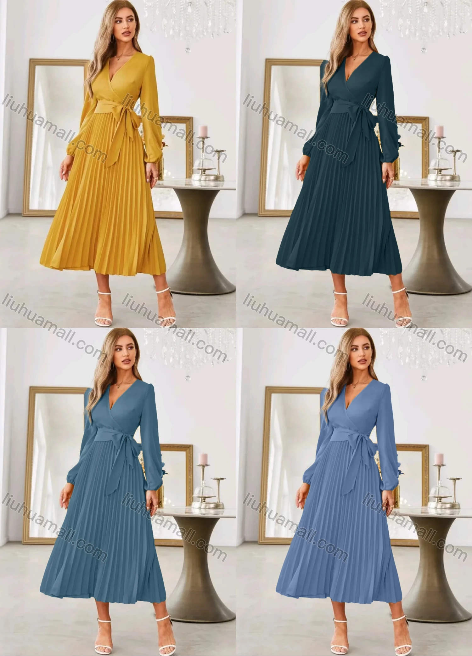 Wholesale Women's Casual Plain Wrap V Neck Long Sleeve Pleated Midi Dress With Belt - Liuhuamall