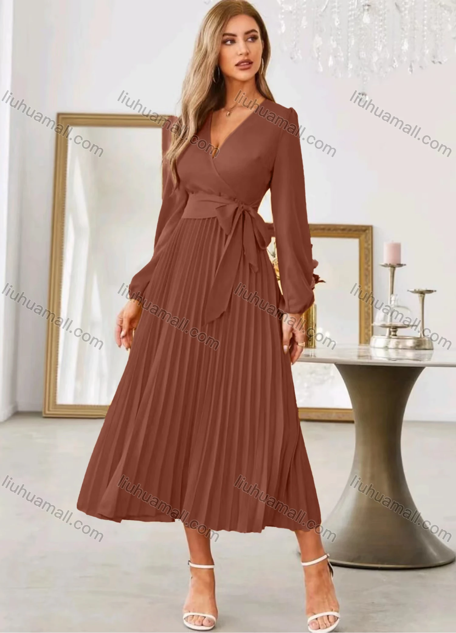 Wholesale Women's Casual Plain Wrap V Neck Long Sleeve Pleated Midi Dress With Belt - Liuhuamall
