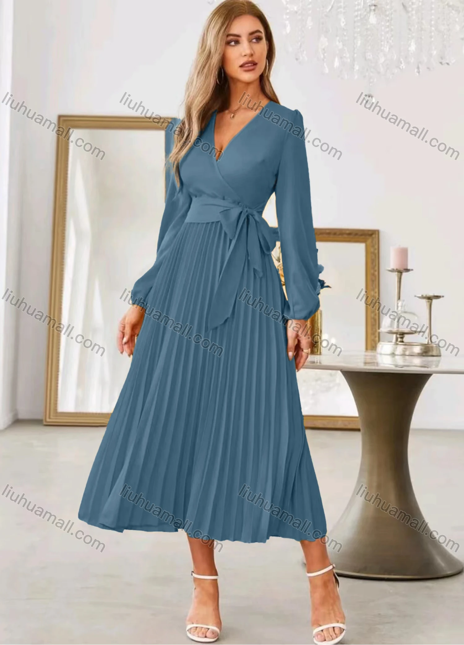 Wholesale Women's Casual Plain Wrap V Neck Long Sleeve Pleated Midi Dress With Belt - Liuhuamall