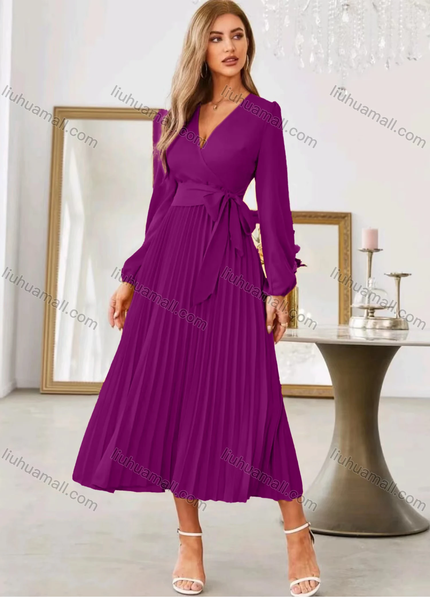 Wholesale Women's Casual Plain Wrap V Neck Long Sleeve Pleated Midi Dress With Belt - Liuhuamall