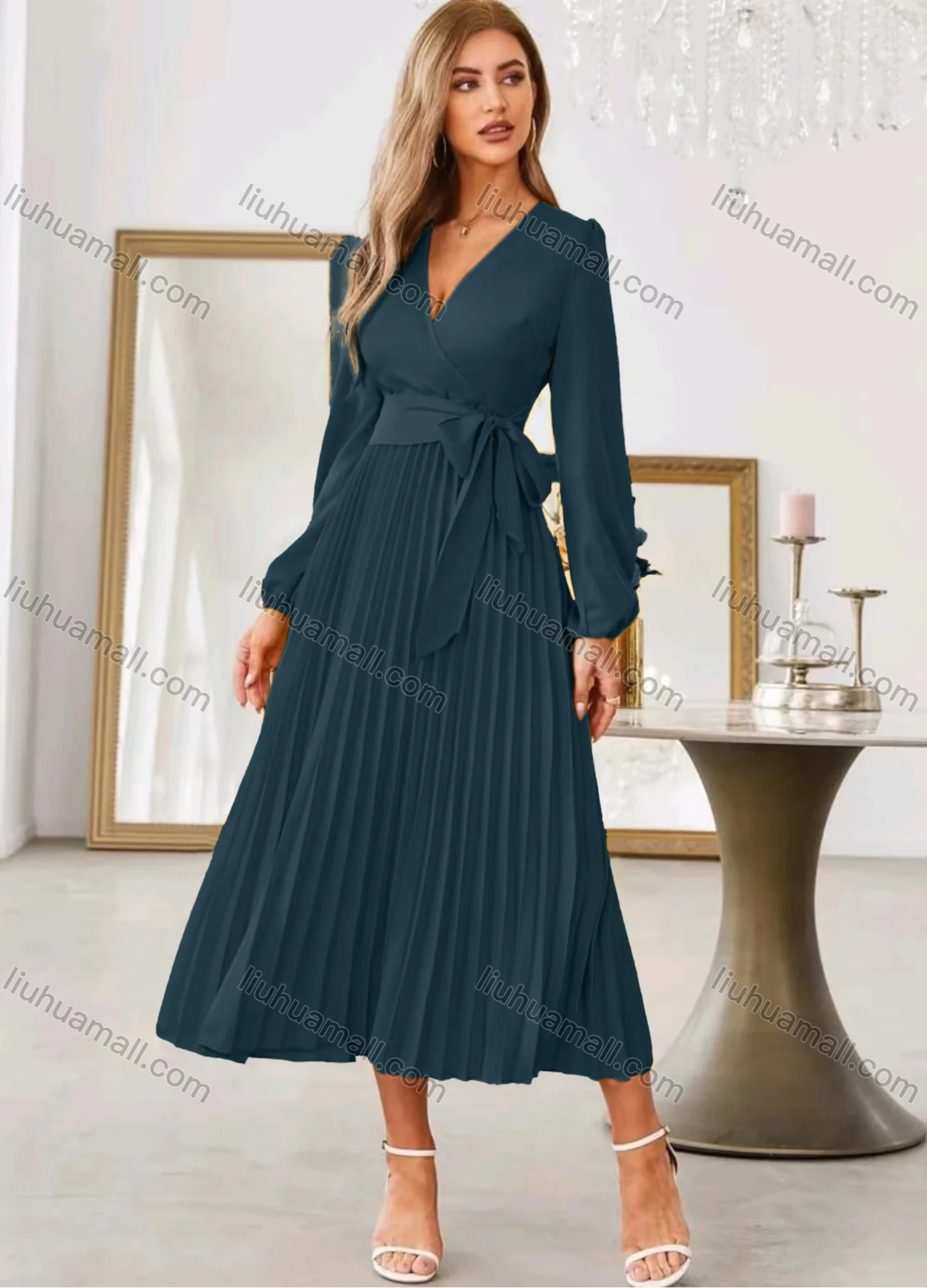 Wholesale Women's Casual Plain Wrap V Neck Long Sleeve Pleated Midi Dress With Belt - Liuhuamall