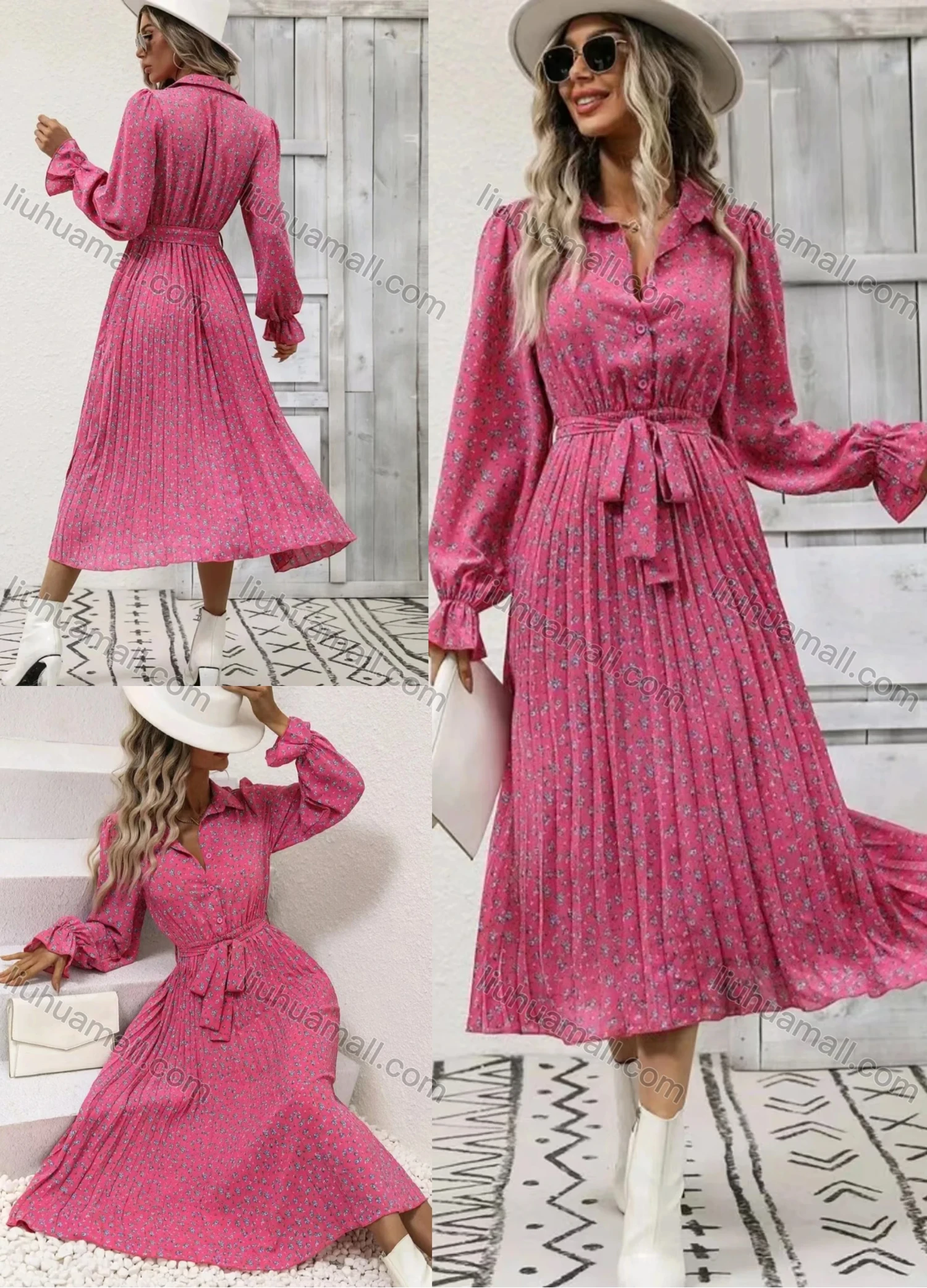 Wholesale Women's Casual Allover Print Poet Sleeve Button Front Pleated Midi Shirt Dress With Belt - Liuhuamall