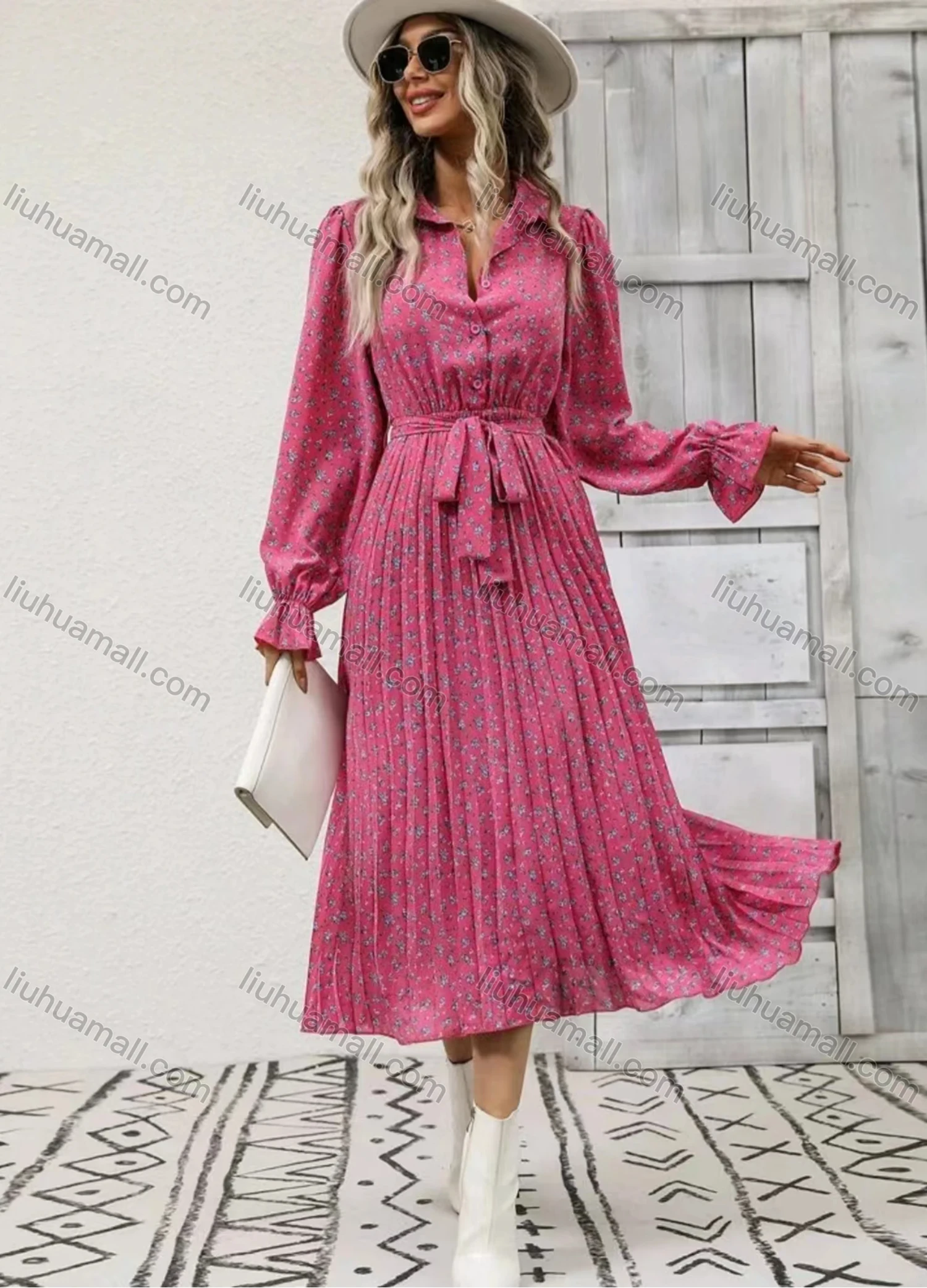 Wholesale Women's Casual Allover Print Poet Sleeve Button Front Pleated Midi Shirt Dress With Belt - Liuhuamall