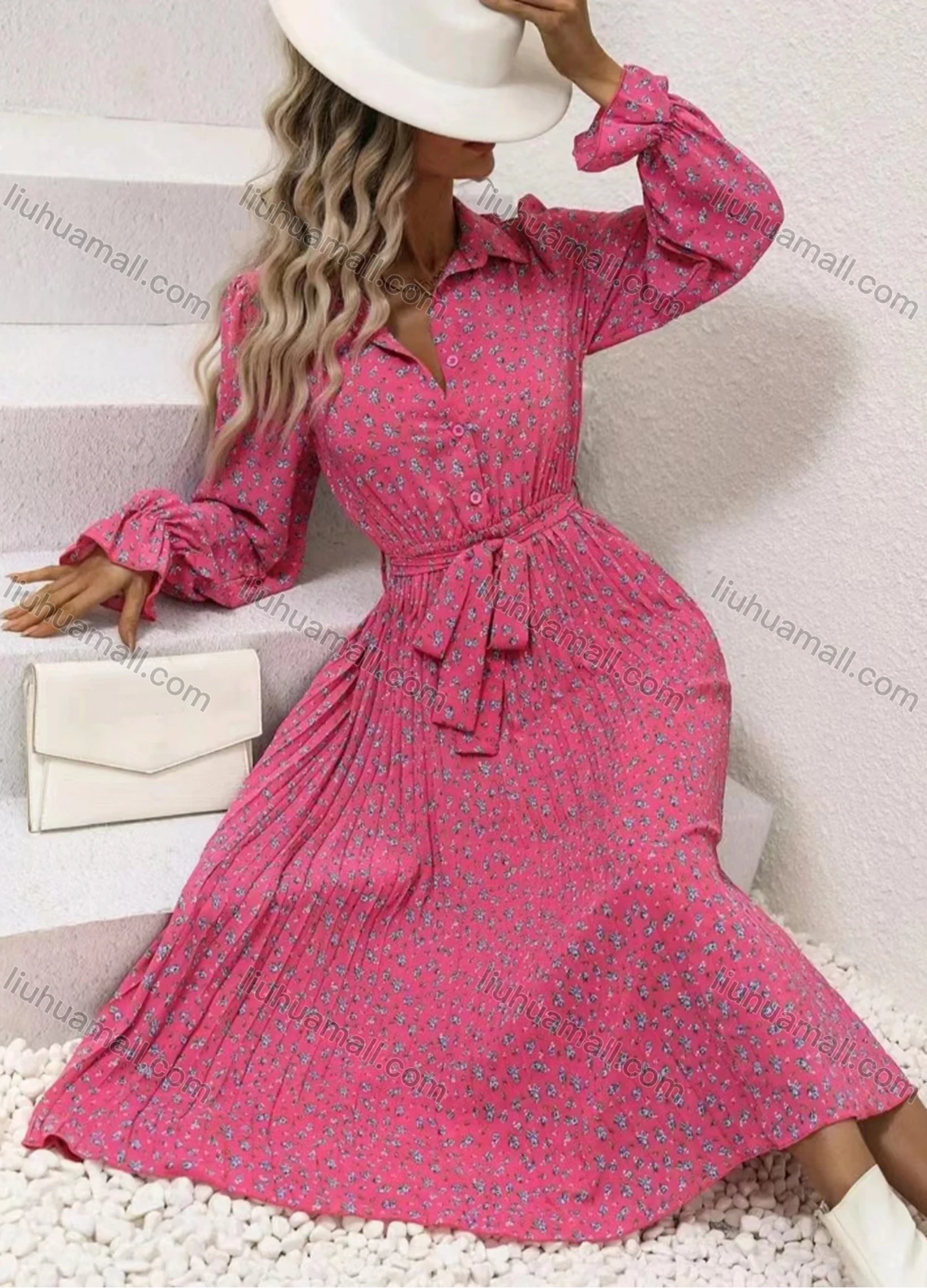 Wholesale Women's Casual Allover Print Poet Sleeve Button Front Pleated Midi Shirt Dress With Belt - Liuhuamall