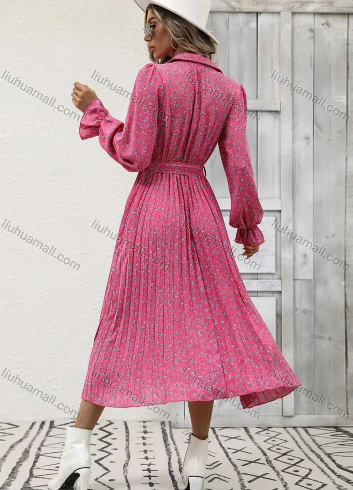 Wholesale Women's Casual Allover Print Poet Sleeve Button Front Pleated Midi Shirt Dress With Belt - Liuhuamall