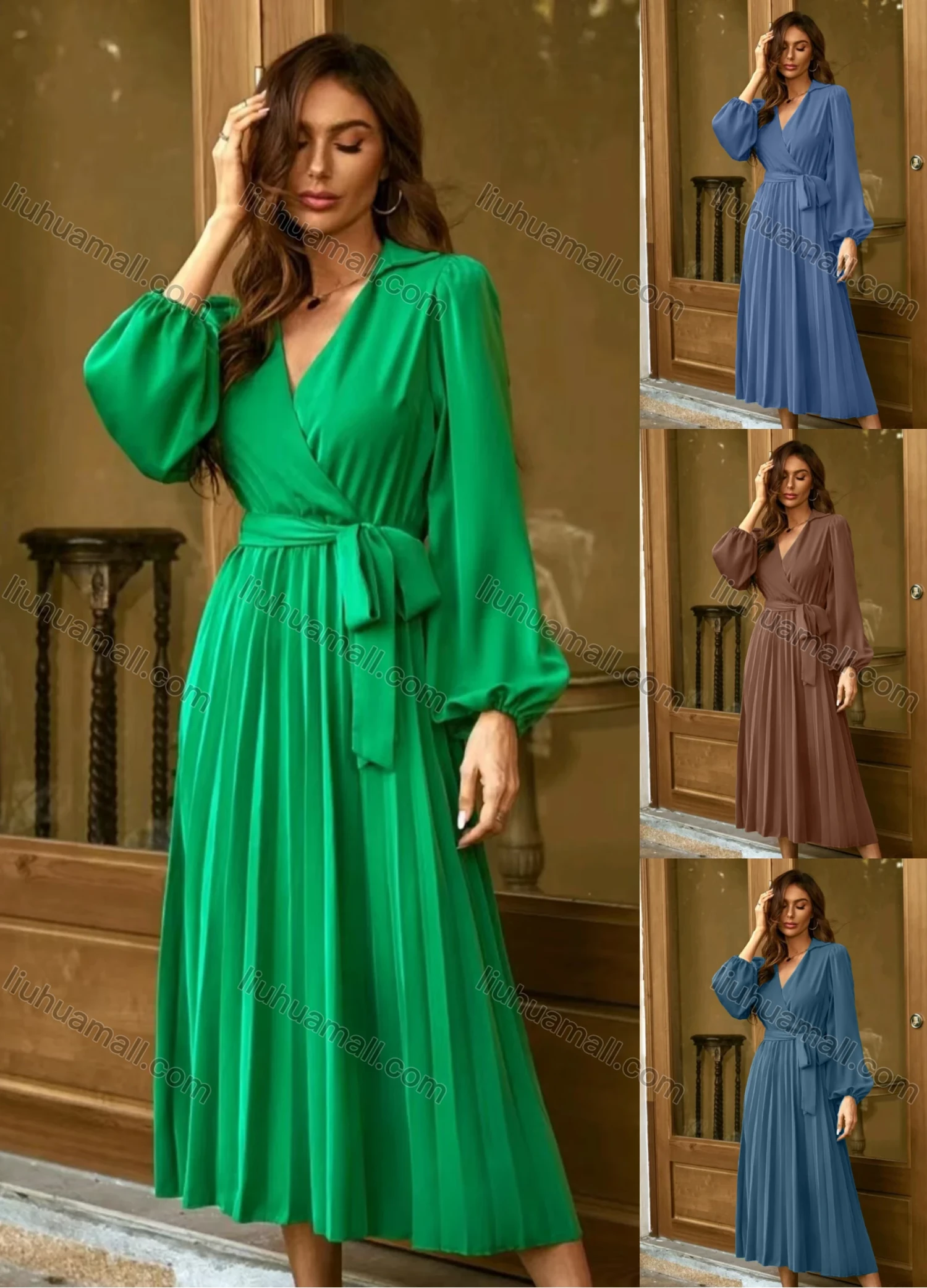 Wholesale Women's Casual Plain Wrap V Neck Long Sleeve Pleated Midi Dress With Belt - Liuhuamall
