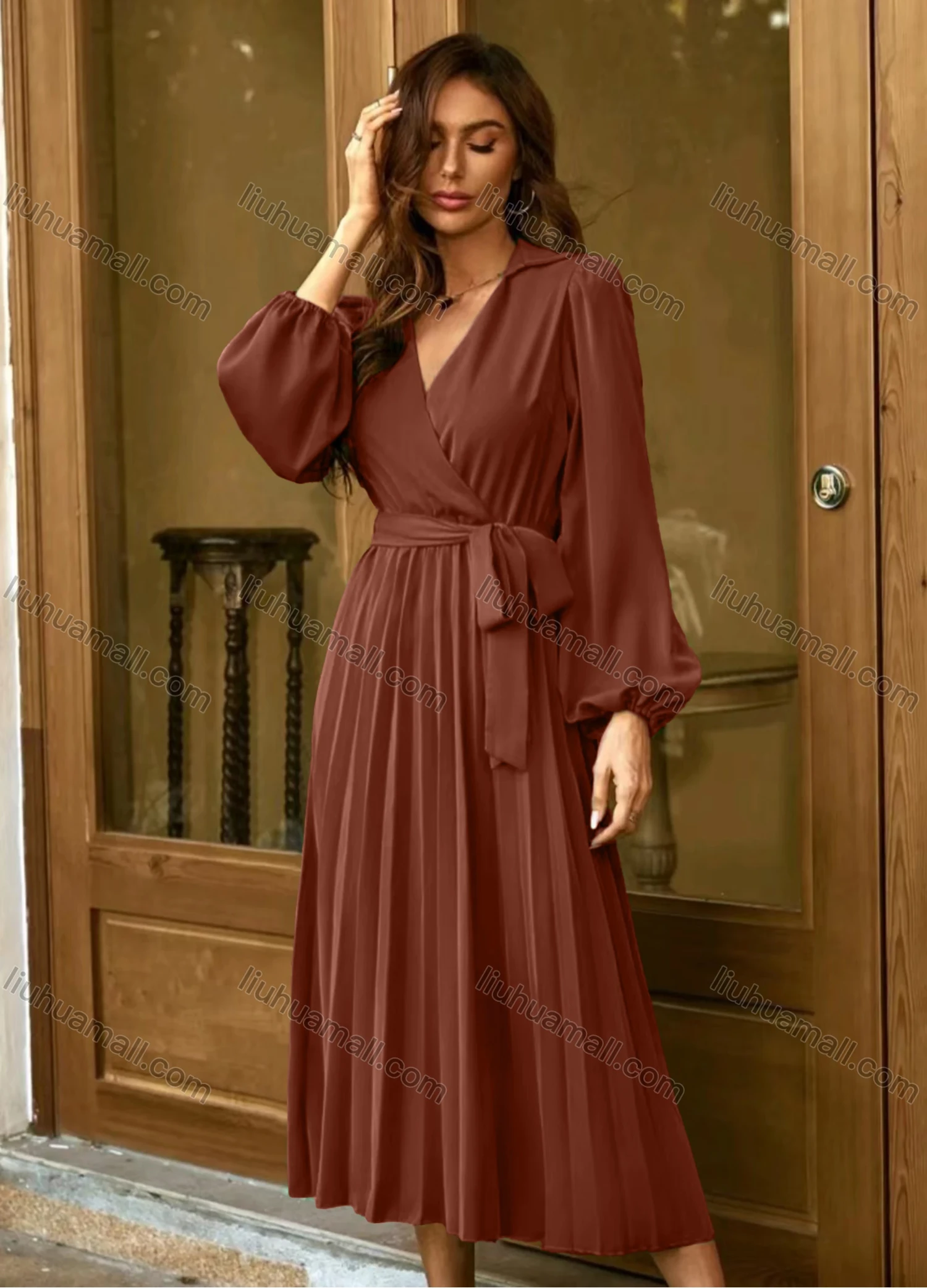 Wholesale Women's Casual Plain Wrap V Neck Long Sleeve Pleated Midi Dress With Belt - Liuhuamall