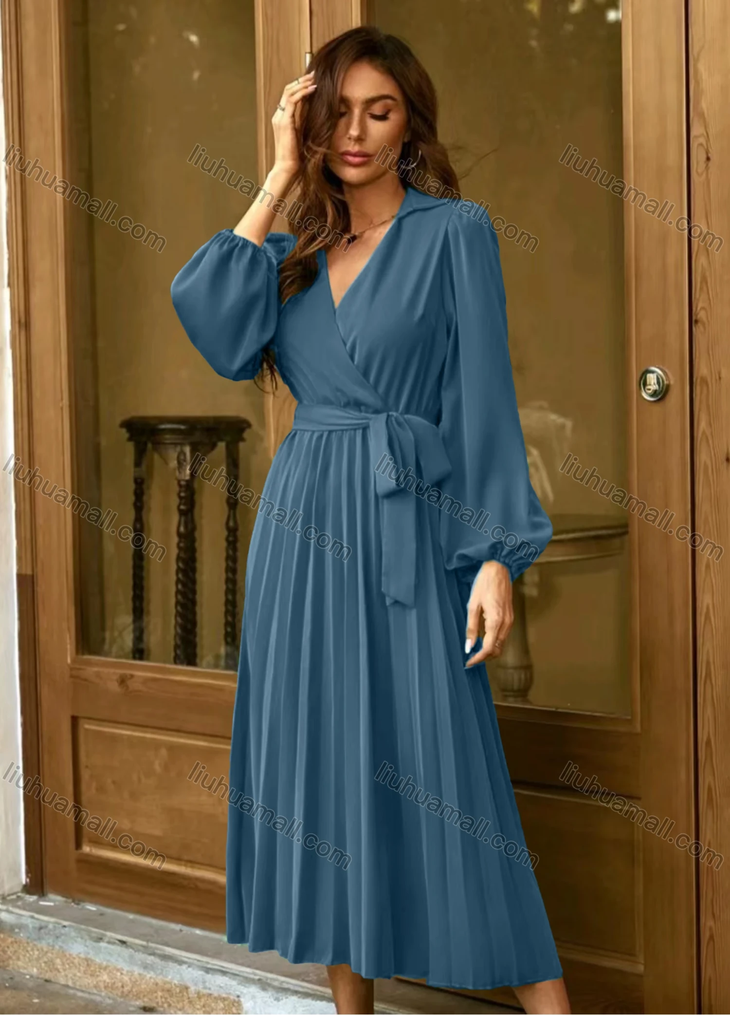 Wholesale Women's Casual Plain Wrap V Neck Long Sleeve Pleated Midi Dress With Belt - Liuhuamall