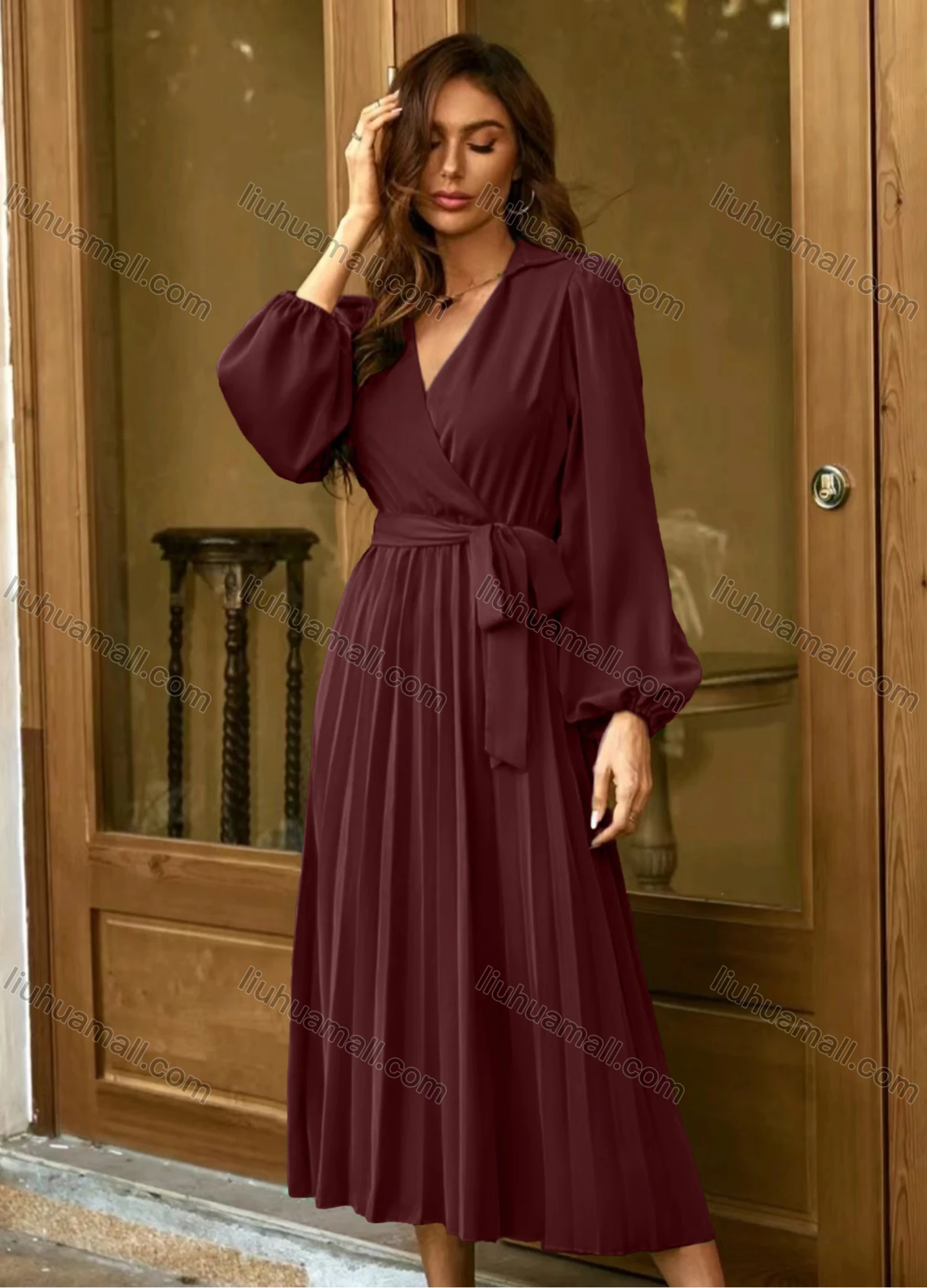 Wholesale Women's Casual Plain Wrap V Neck Long Sleeve Pleated Midi Dress With Belt - Liuhuamall