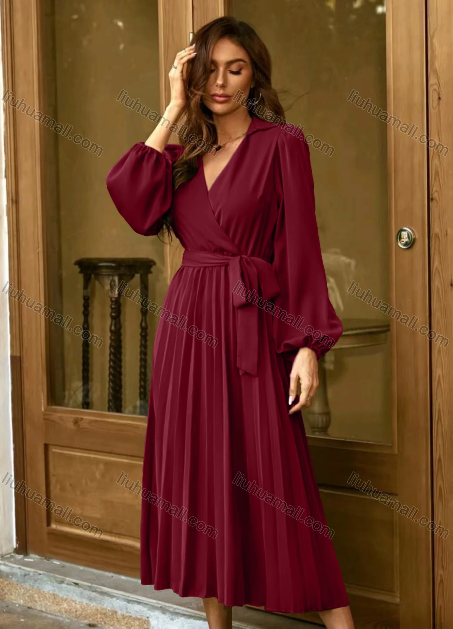 Wholesale Women's Casual Plain Wrap V Neck Long Sleeve Pleated Midi Dress With Belt - Liuhuamall