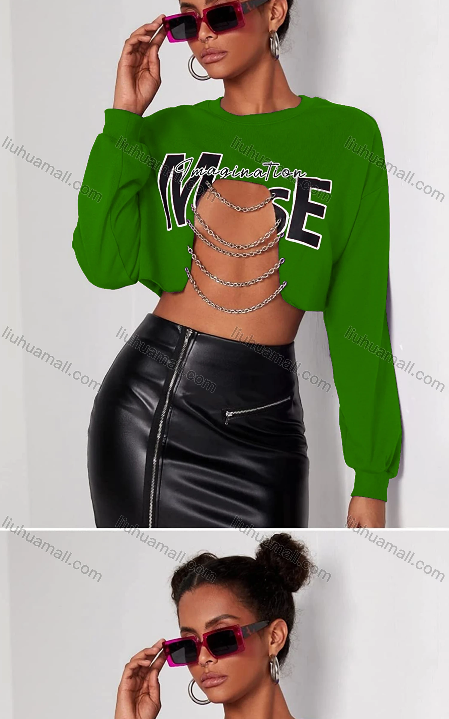 Wholesale Women's Sexy Crew Neck Long Sleeve Cutout Chain Decro Letter Crop Top - Liuhuamall