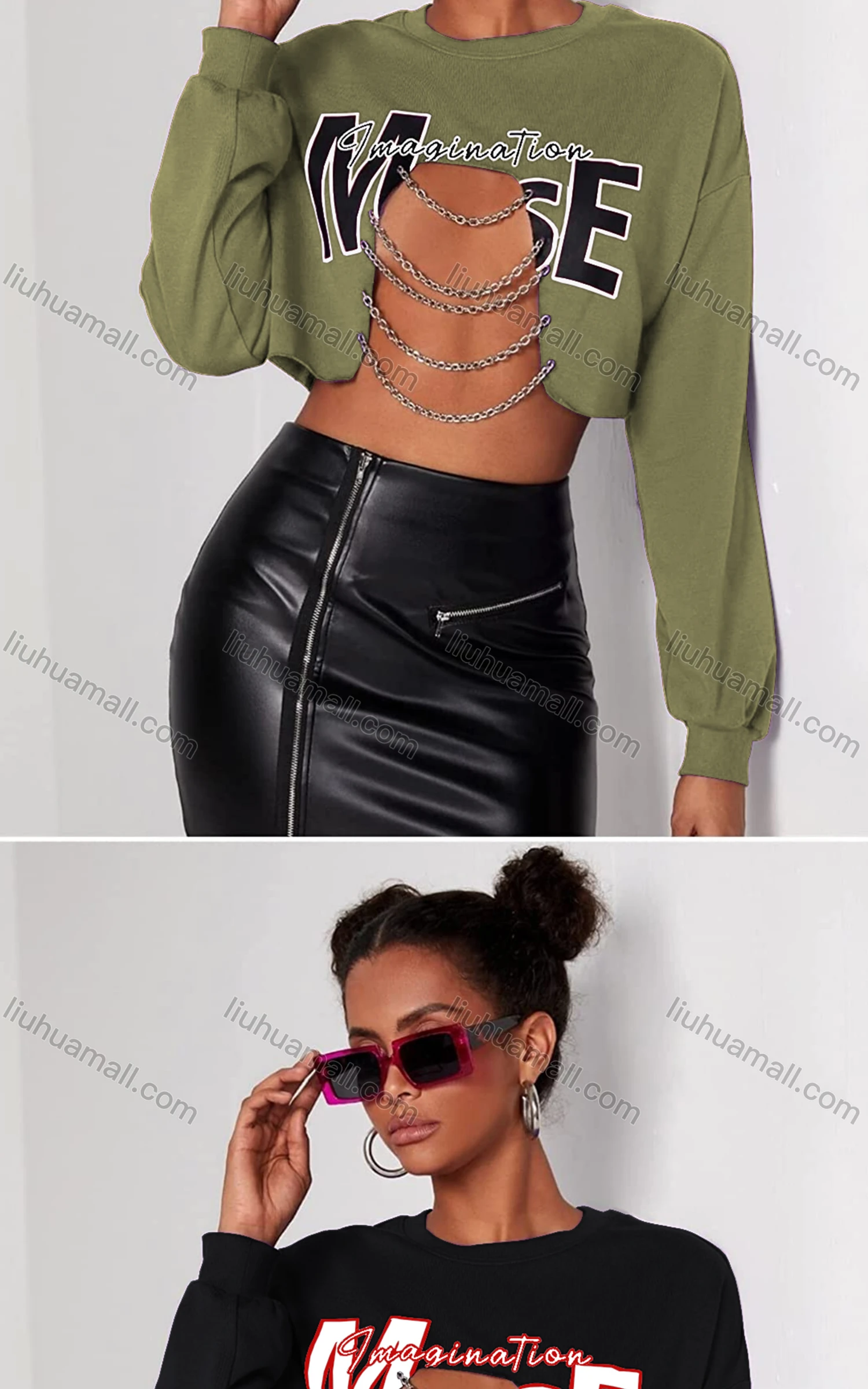 Wholesale Women's Sexy Crew Neck Long Sleeve Cutout Chain Decro Letter Crop Top - Liuhuamall