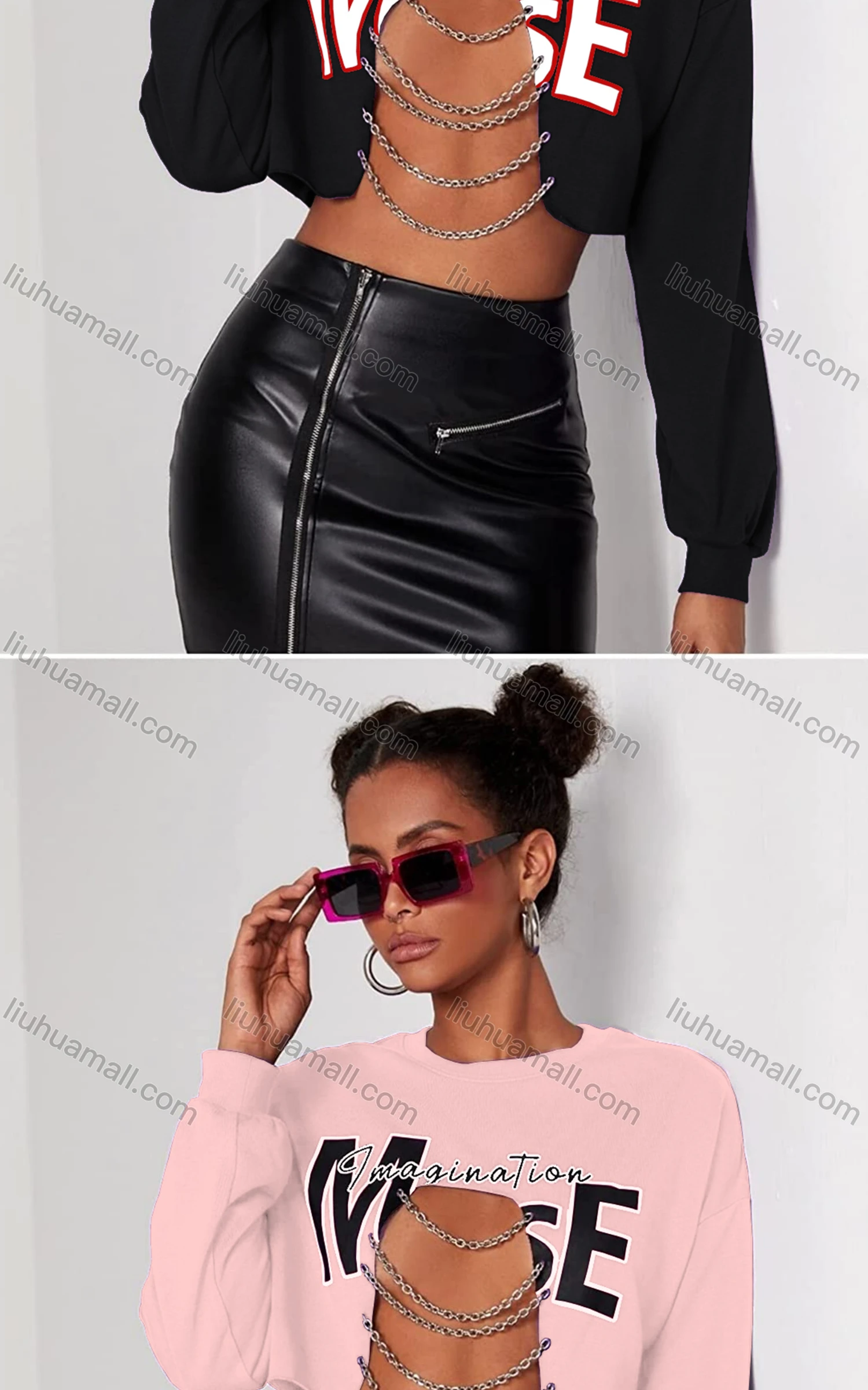 Wholesale Women's Sexy Crew Neck Long Sleeve Cutout Chain Decro Letter Crop Top - Liuhuamall