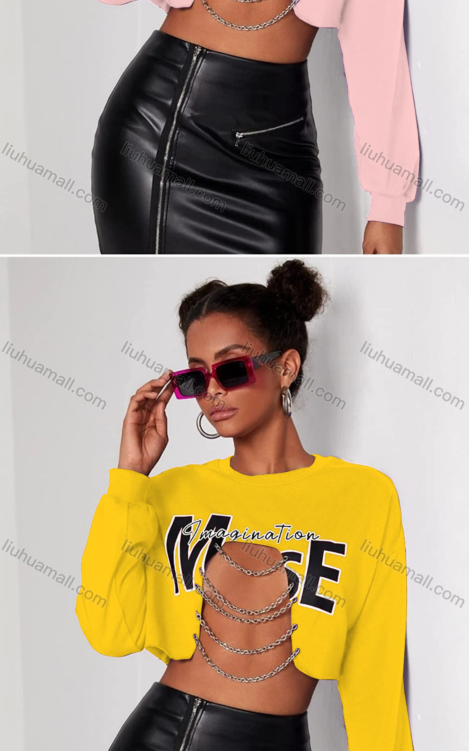 Wholesale Women's Sexy Crew Neck Long Sleeve Cutout Chain Decro Letter Crop Top - Liuhuamall