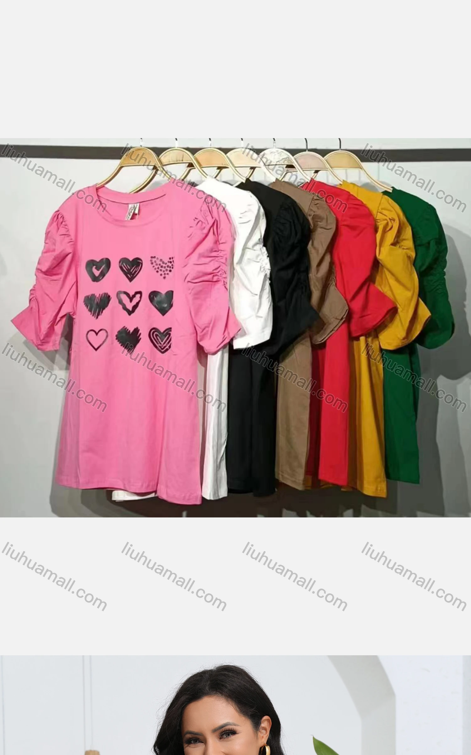 Wholesale Women's Casual Crew Neck Short Sleeve Heart Print Top - Liuhuamall