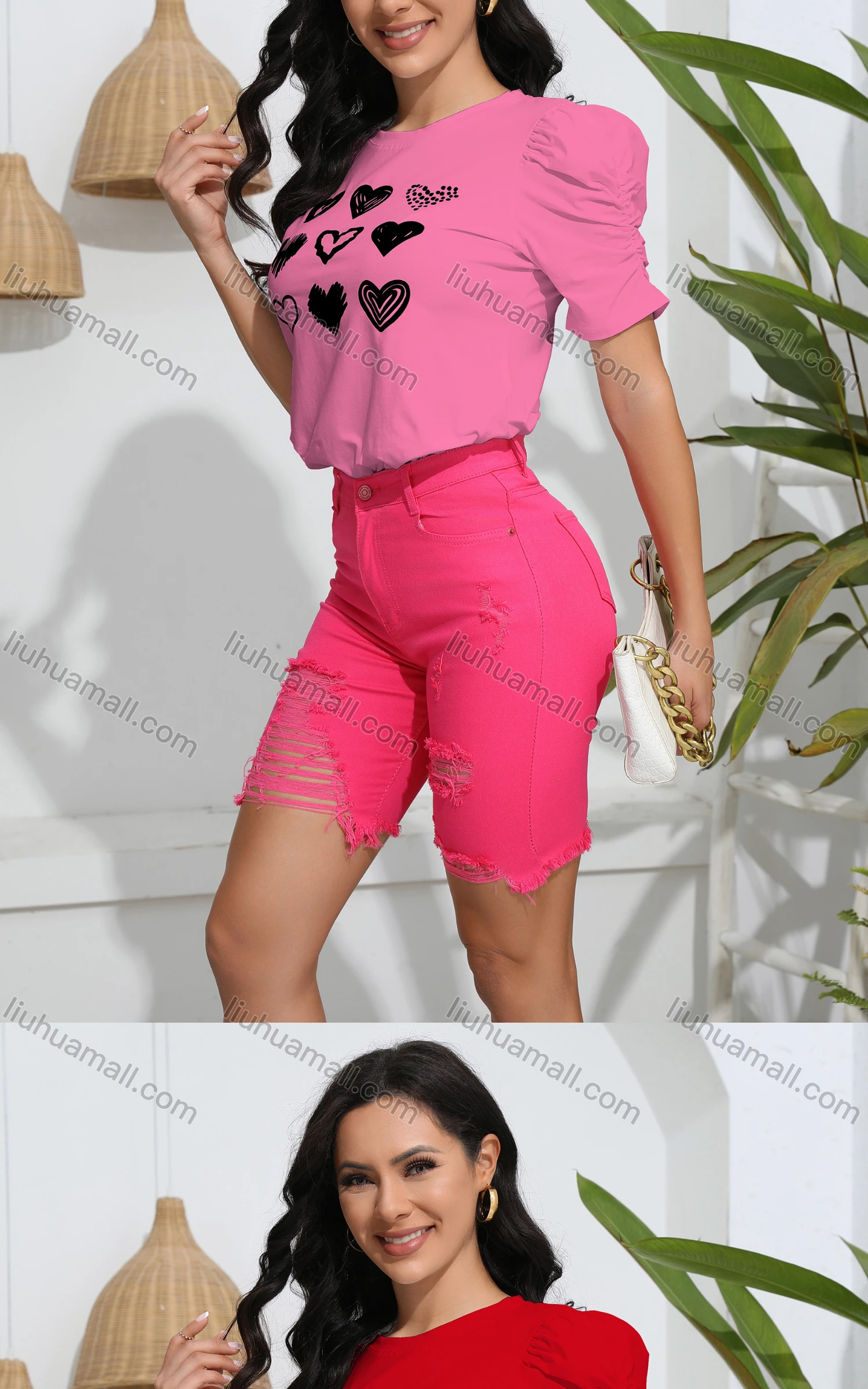 Wholesale Women's Casual Crew Neck Short Sleeve Heart Print Top - Liuhuamall