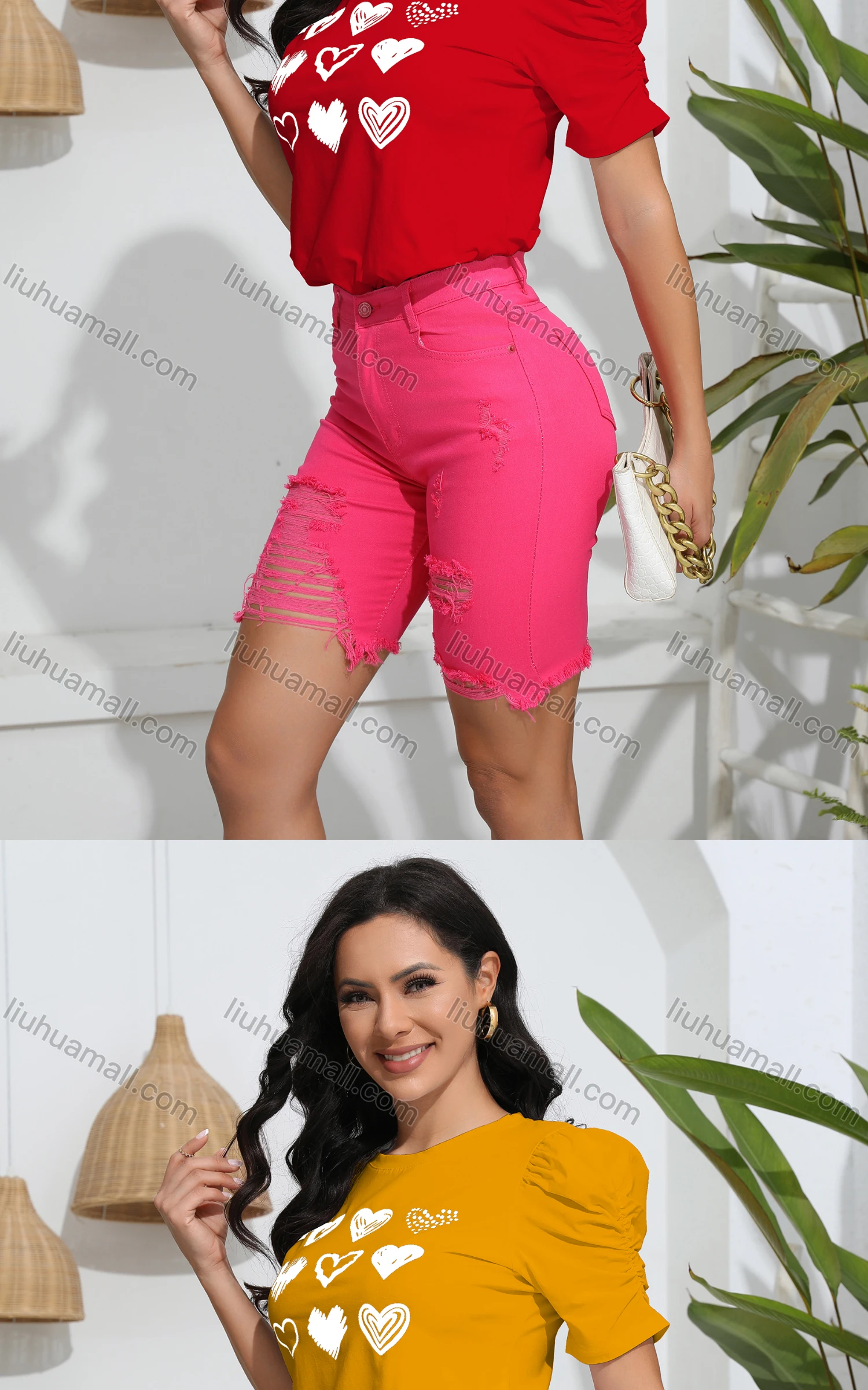 Wholesale Women's Casual Crew Neck Short Sleeve Heart Print Top - Liuhuamall