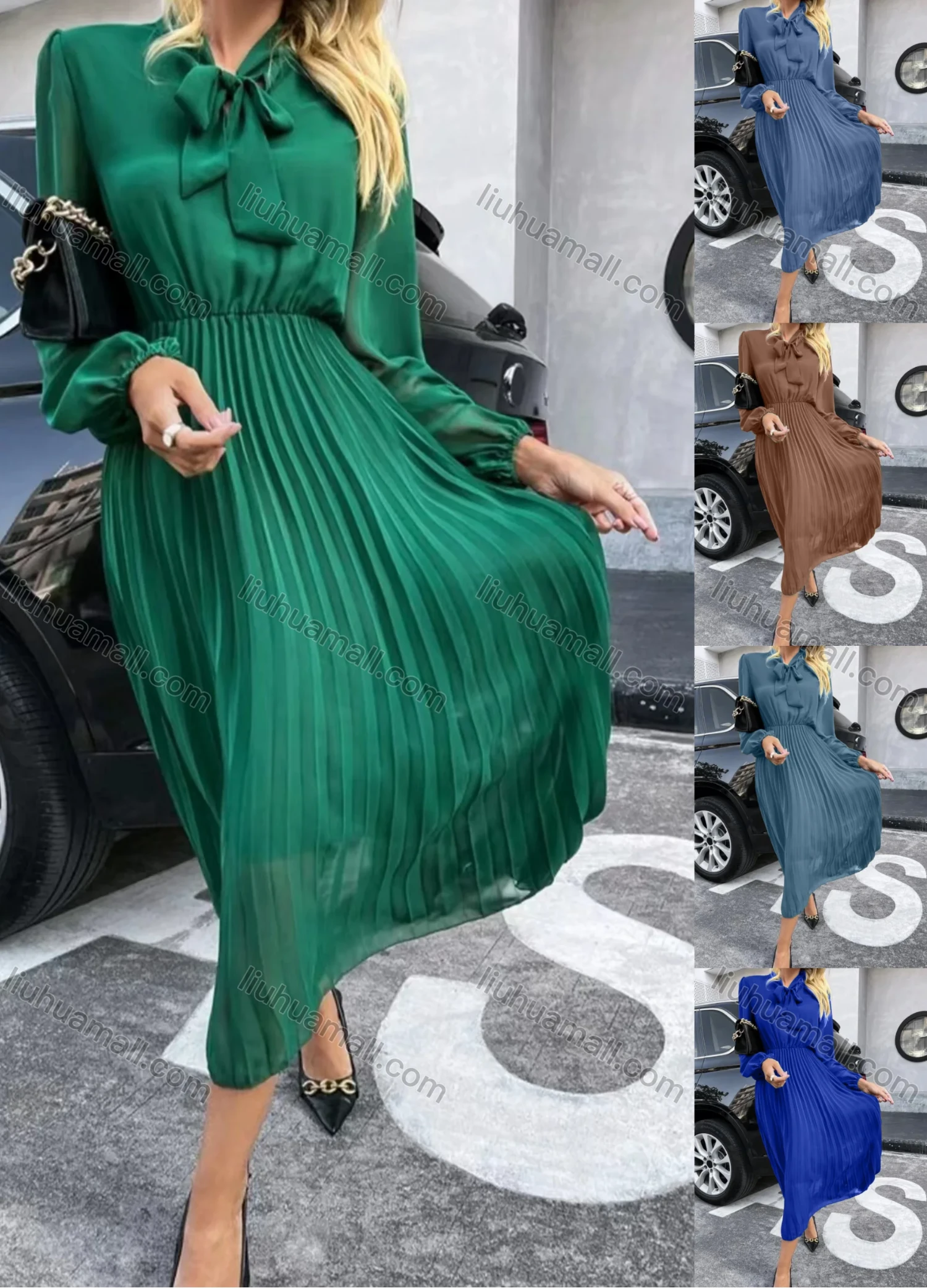 Wholesale Women's Casual Plain Tie Neck Long Sleeve Pleated Midi Dress - Liuhuamall