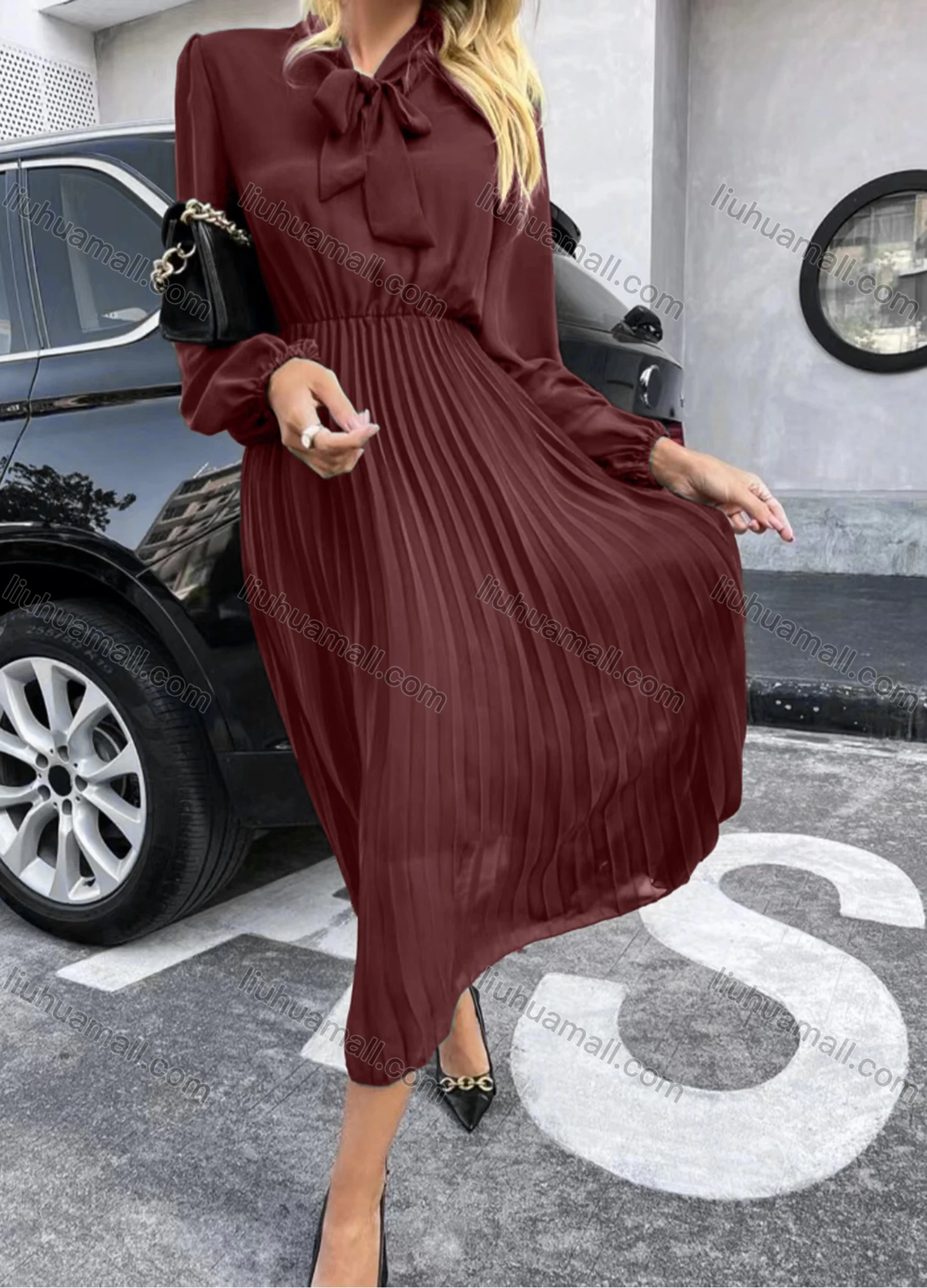 Wholesale Women's Casual Plain Tie Neck Long Sleeve Pleated Midi Dress - Liuhuamall
