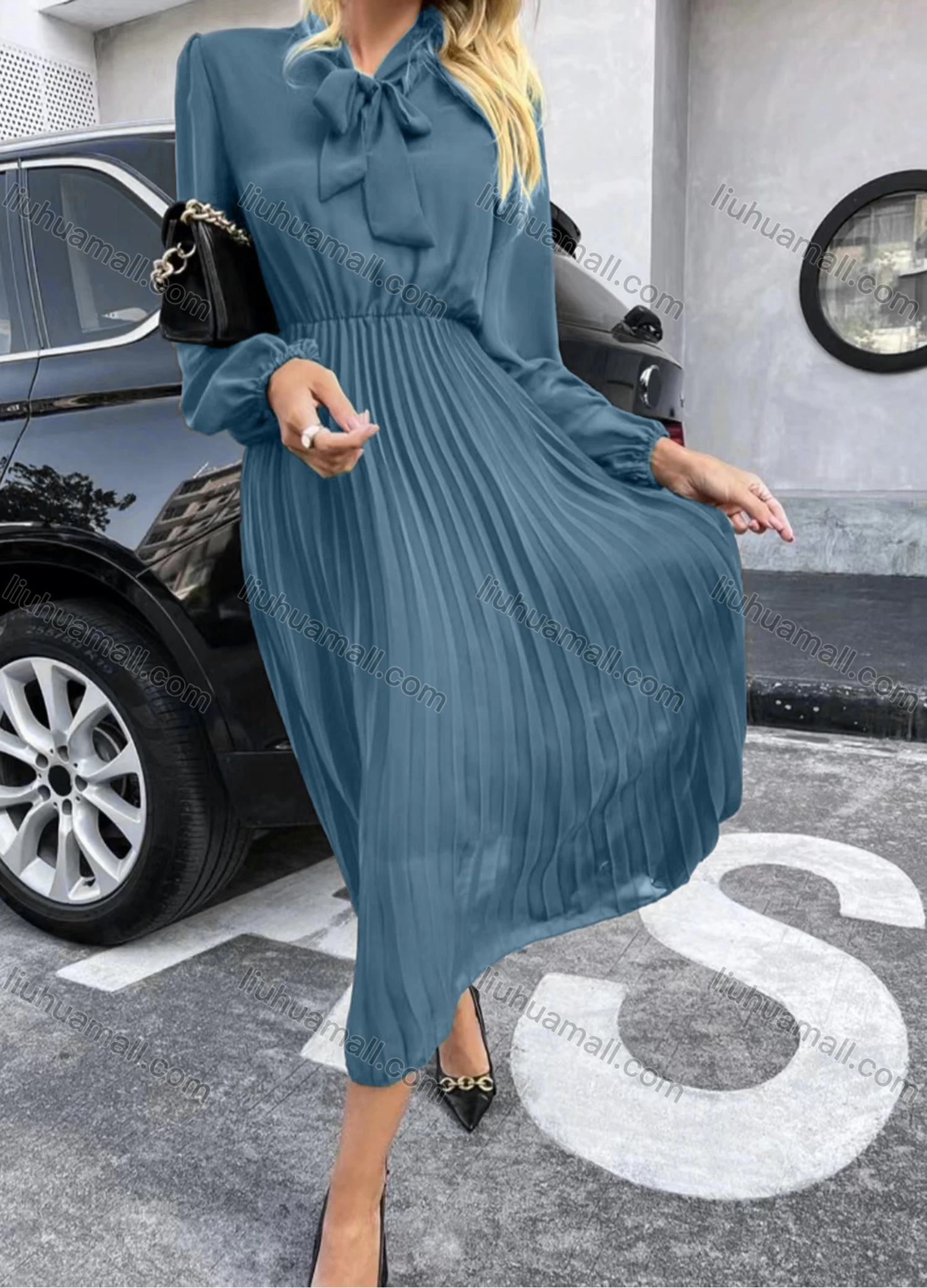 Wholesale Women's Casual Plain Tie Neck Long Sleeve Pleated Midi Dress - Liuhuamall