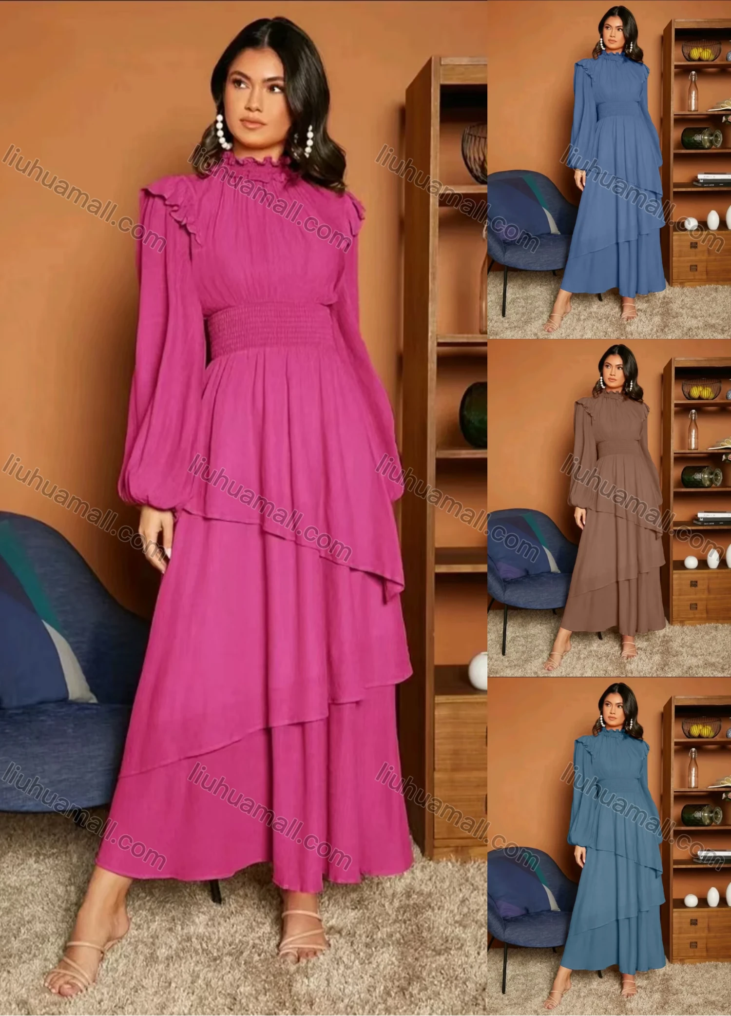 Wholesale Women's Casual Plain Ruffle Trim Shirred Long Sleeve Layered Hem Maxi Dress - Liuhuamall