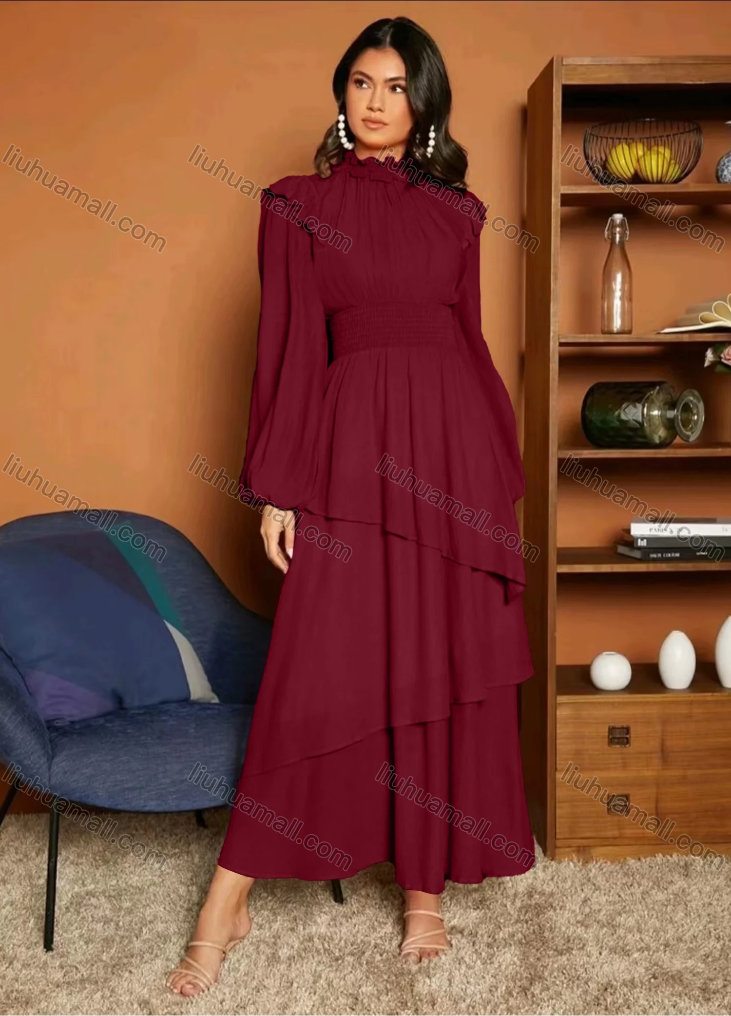 Wholesale Women's Casual Plain Ruffle Trim Shirred Long Sleeve Layered Hem Maxi Dress - Liuhuamall