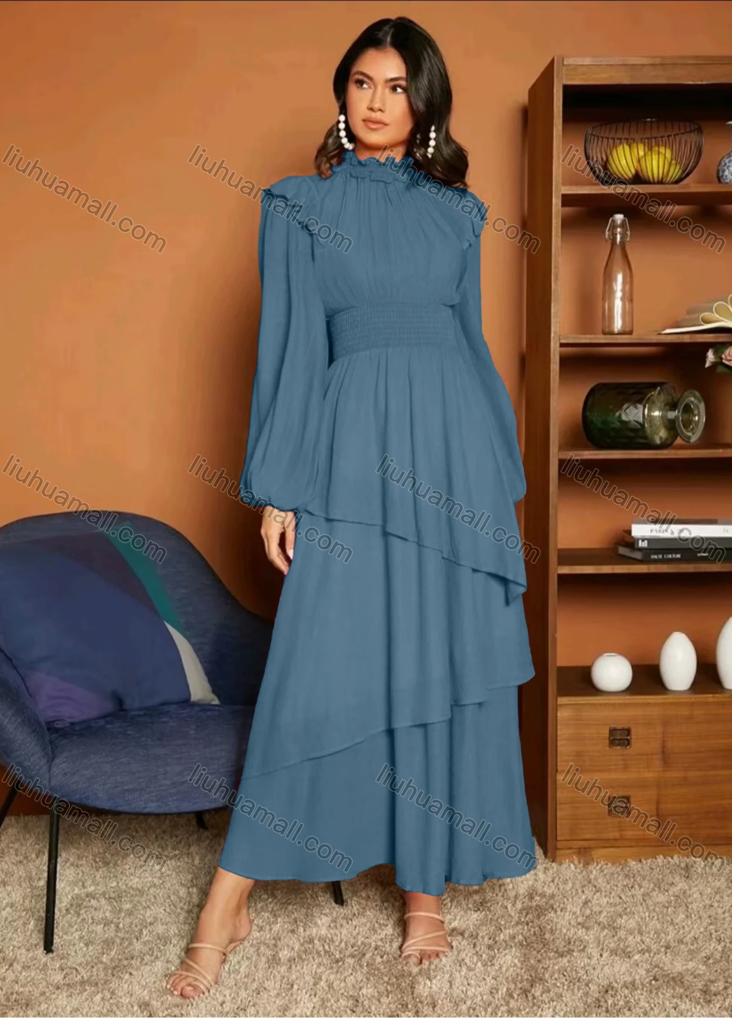 Wholesale Women's Casual Plain Ruffle Trim Shirred Long Sleeve Layered Hem Maxi Dress - Liuhuamall