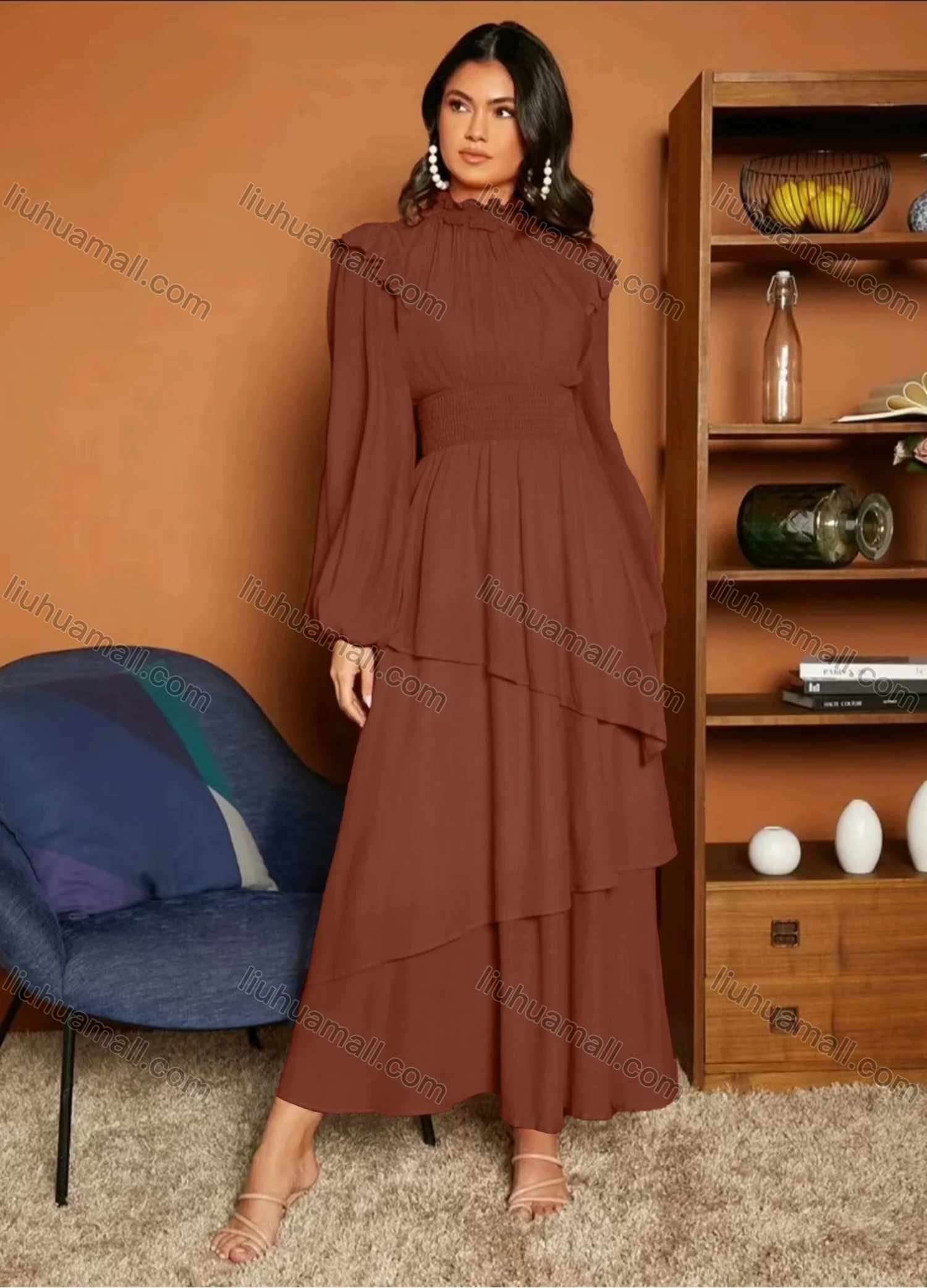 Wholesale Women's Casual Plain Ruffle Trim Shirred Long Sleeve Layered Hem Maxi Dress - Liuhuamall