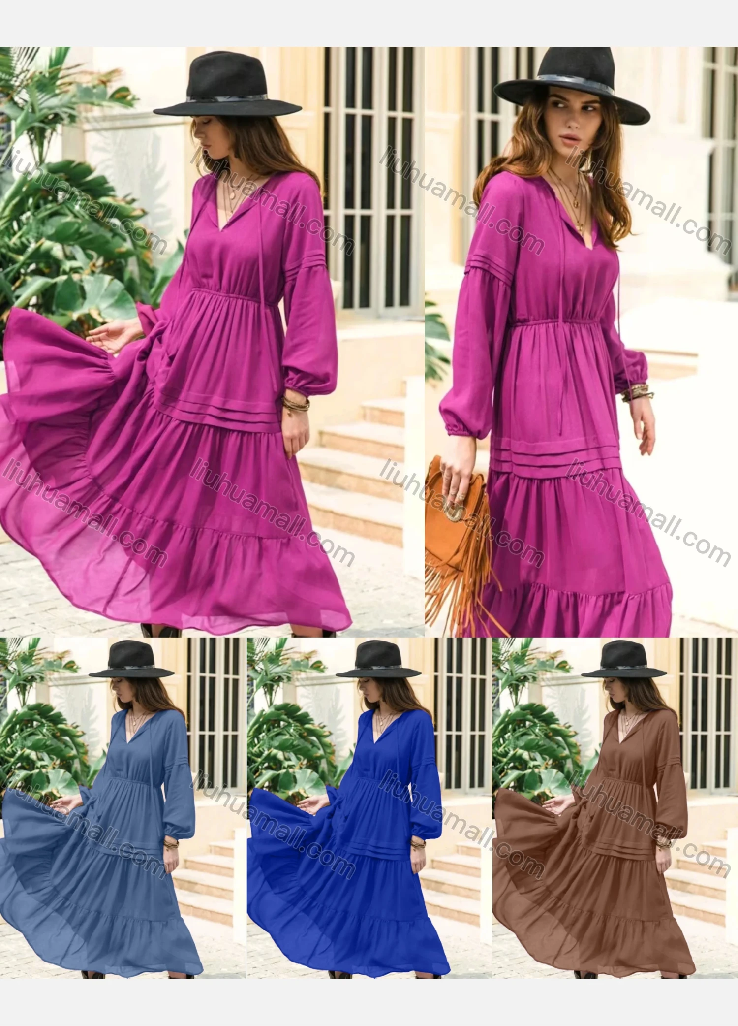 Wholesale Women's Casual Plain Ruched Long Sleeve Ruffle Hem Maxi Dress - Liuhuamall