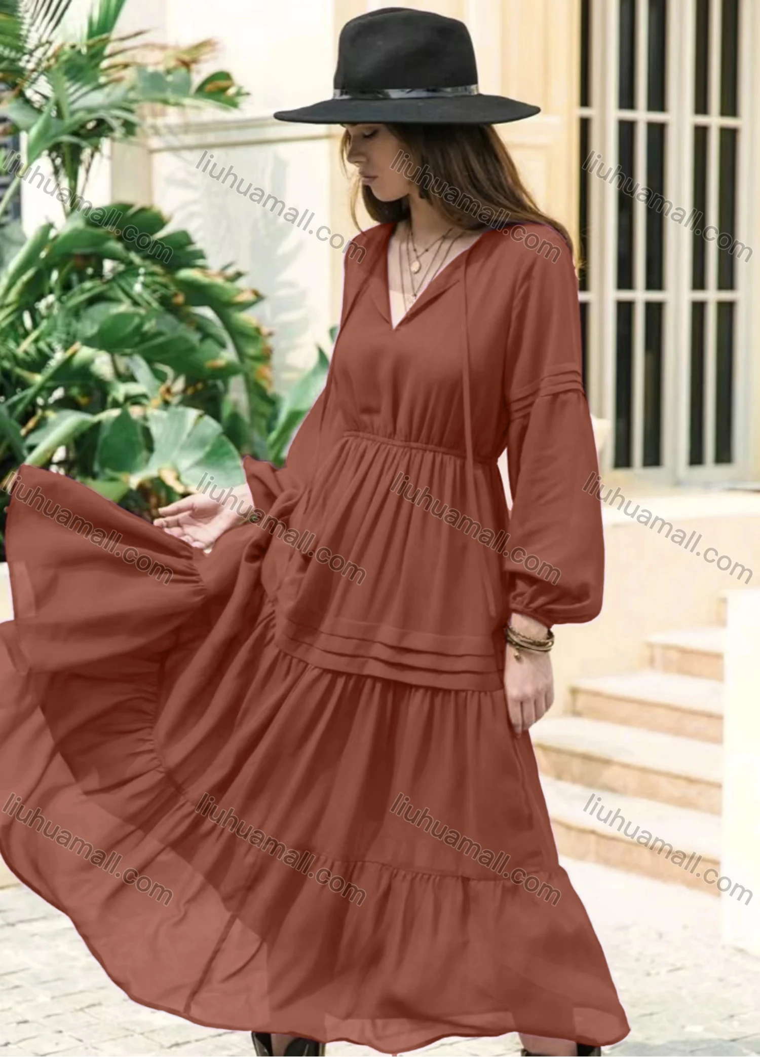 Wholesale Women's Casual Plain Ruched Long Sleeve Ruffle Hem Maxi Dress - Liuhuamall