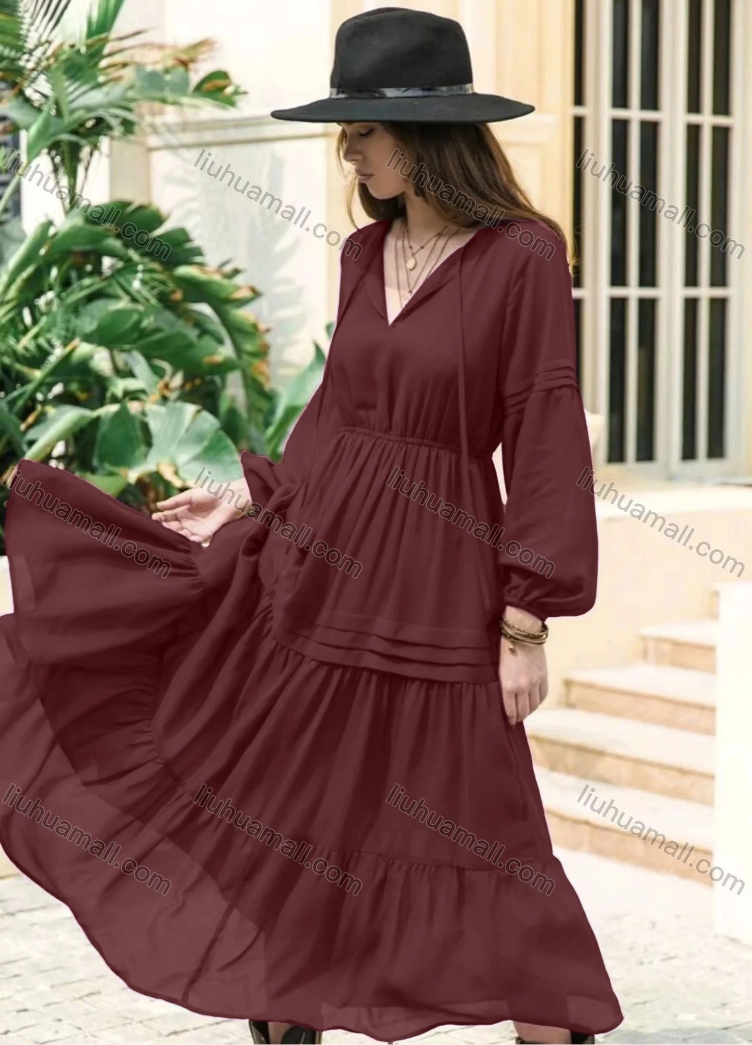 Wholesale Women's Casual Plain Ruched Long Sleeve Ruffle Hem Maxi Dress - Liuhuamall
