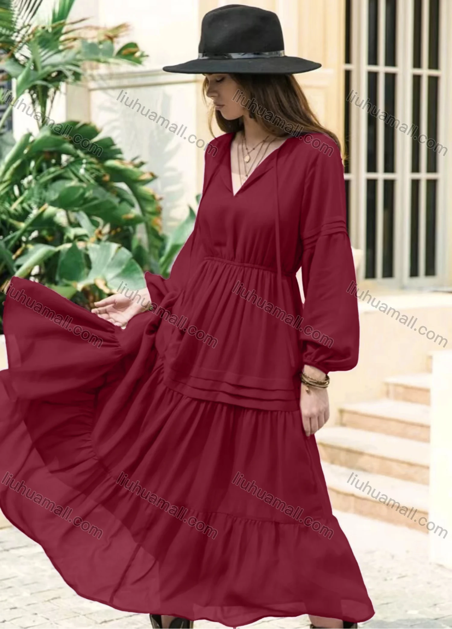 Wholesale Women's Casual Plain Ruched Long Sleeve Ruffle Hem Maxi Dress - Liuhuamall