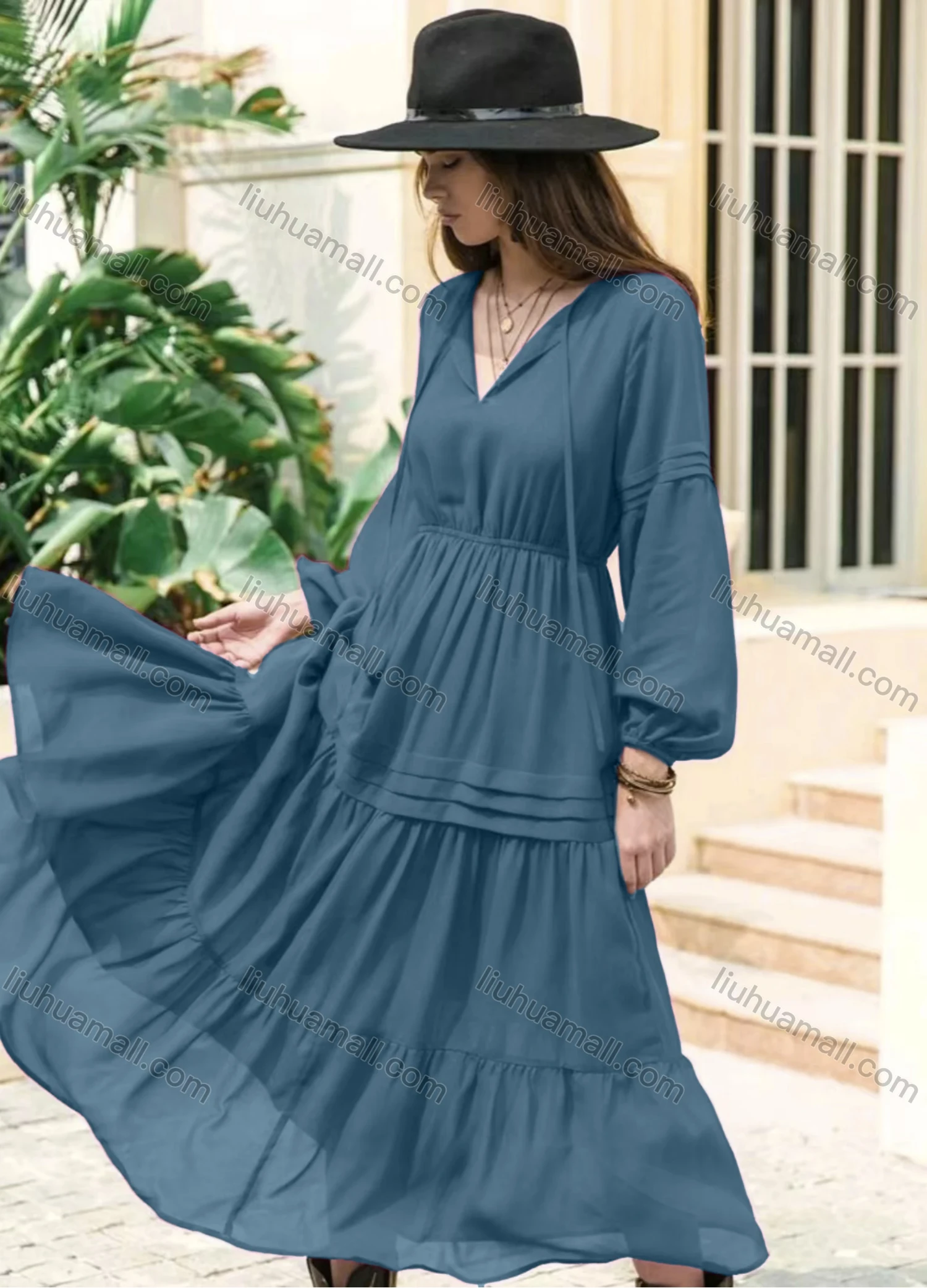 Wholesale Women's Casual Plain Ruched Long Sleeve Ruffle Hem Maxi Dress - Liuhuamall