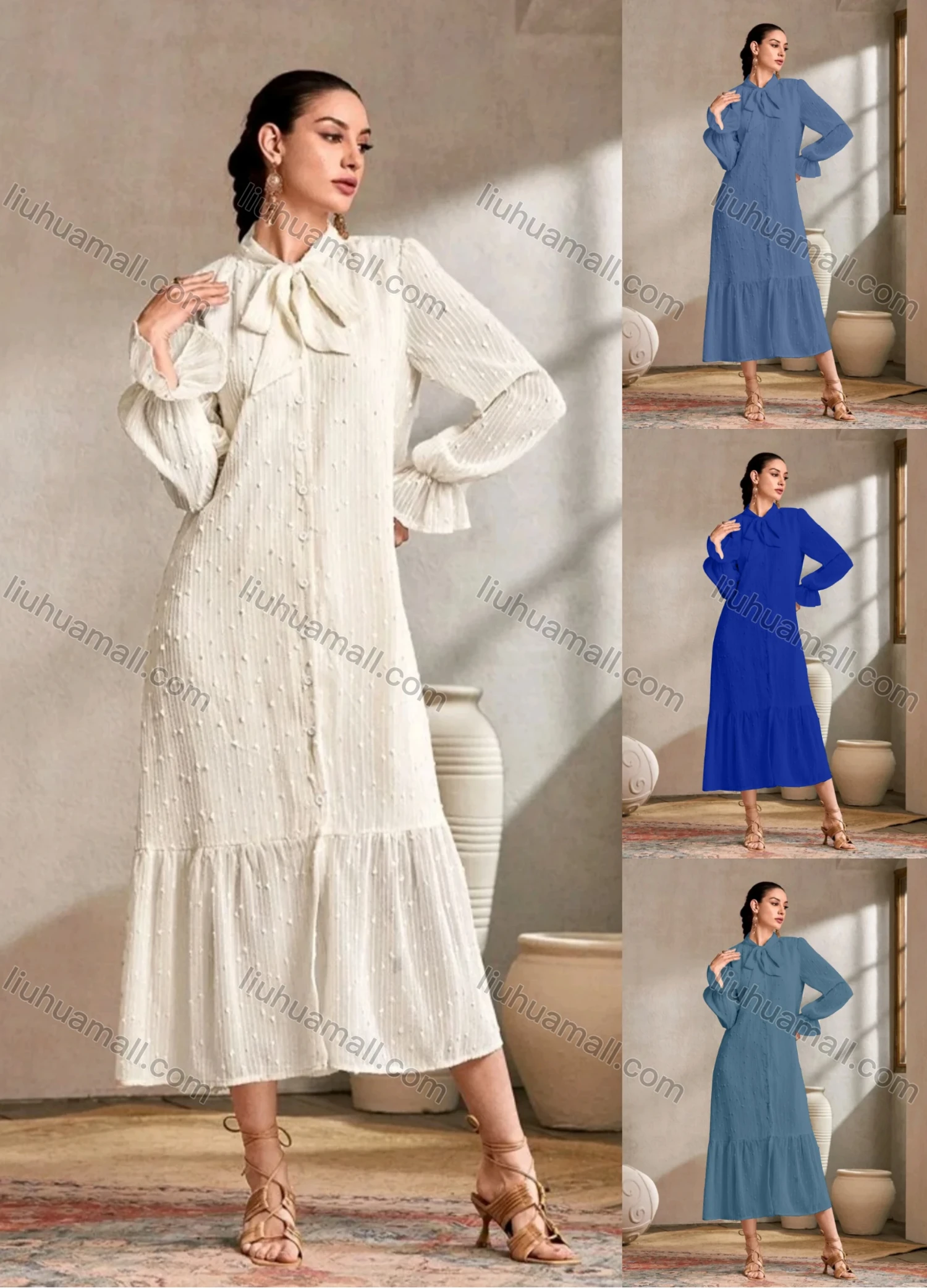 Wholesale Womem's Casual Plain Swiss Dot Poet Sleeve Button Down Ruffle Hem Midi Dress - Liuhuamall