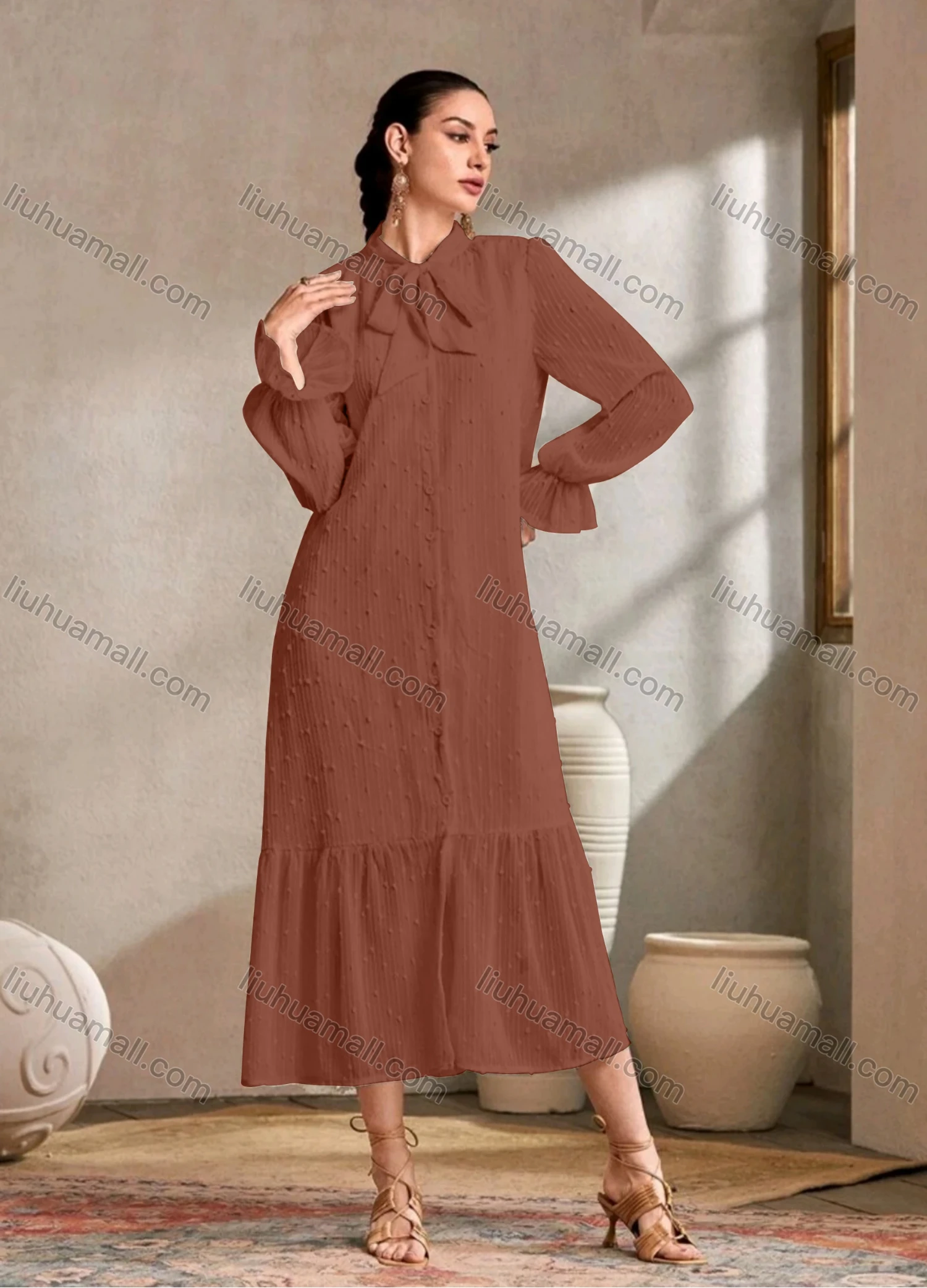 Wholesale Womem's Casual Plain Swiss Dot Poet Sleeve Button Down Ruffle Hem Midi Dress - Liuhuamall