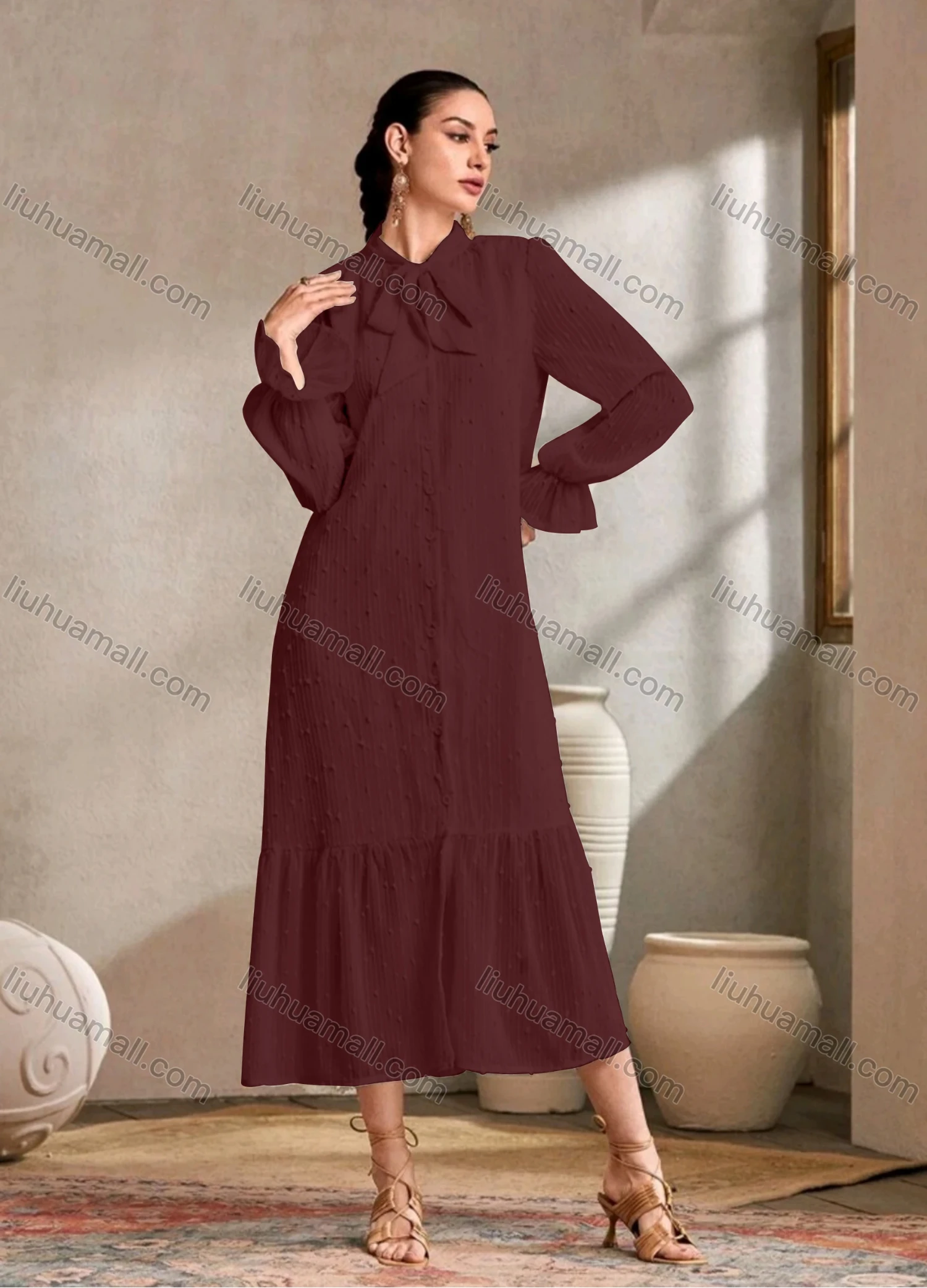Wholesale Womem's Casual Plain Swiss Dot Poet Sleeve Button Down Ruffle Hem Midi Dress - Liuhuamall